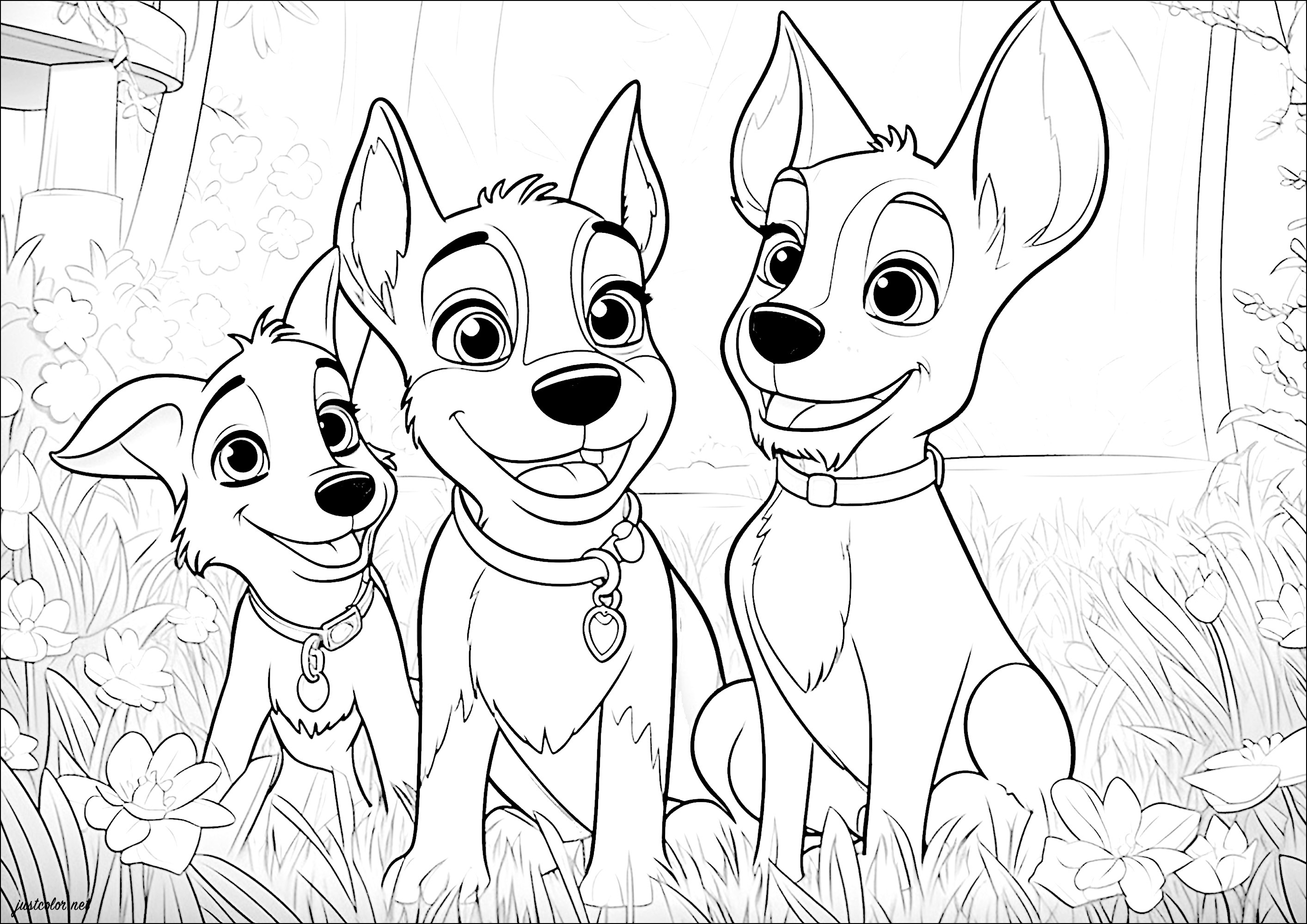 Tres perros felices en un jardín. Una sencilla página para colorear de tres perros en un jardín