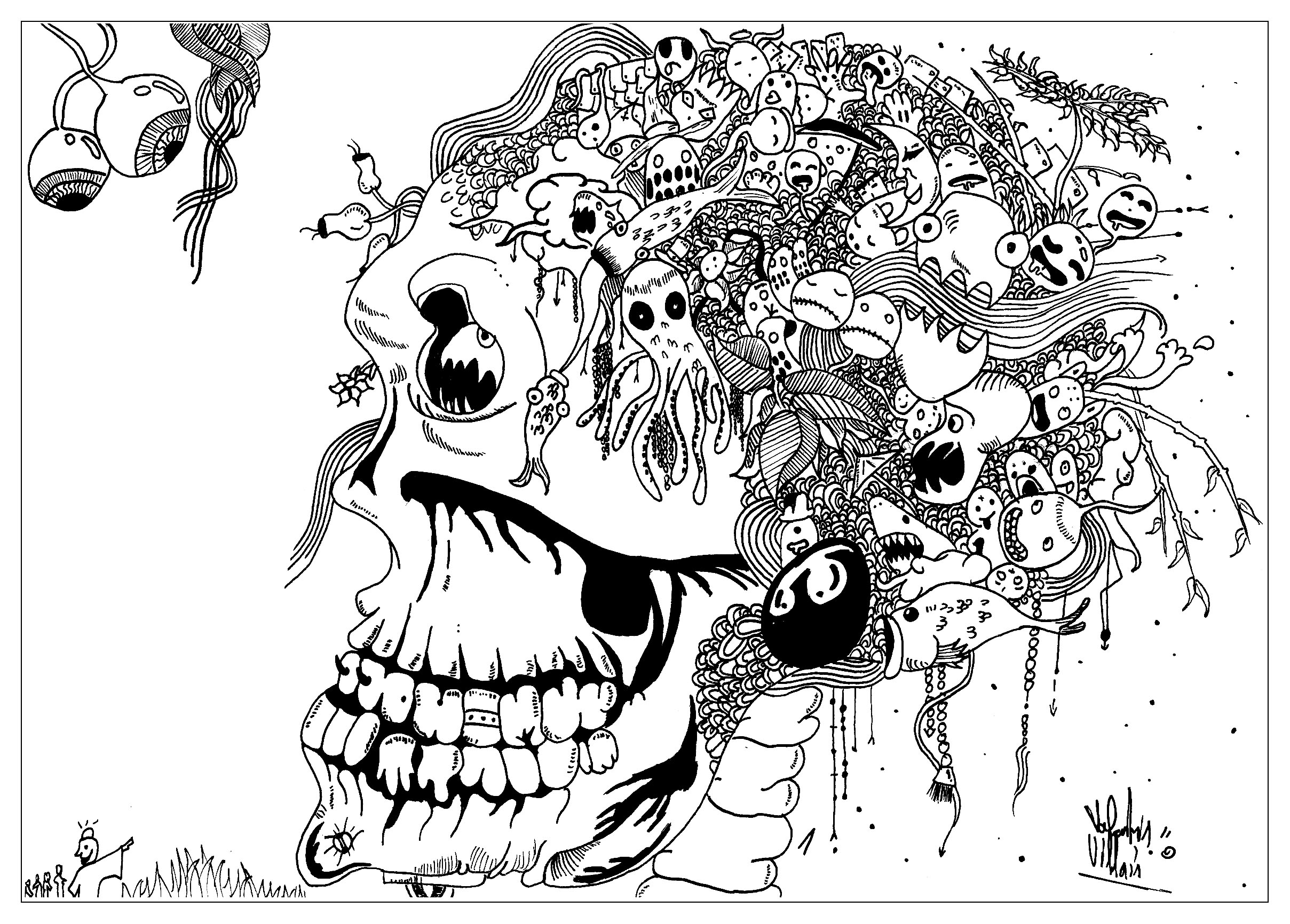 Diferentes criaturas extrañas y malvadas saliendo de una calavera ... ¡un Doodle terrorífico!, Artista : Valentin