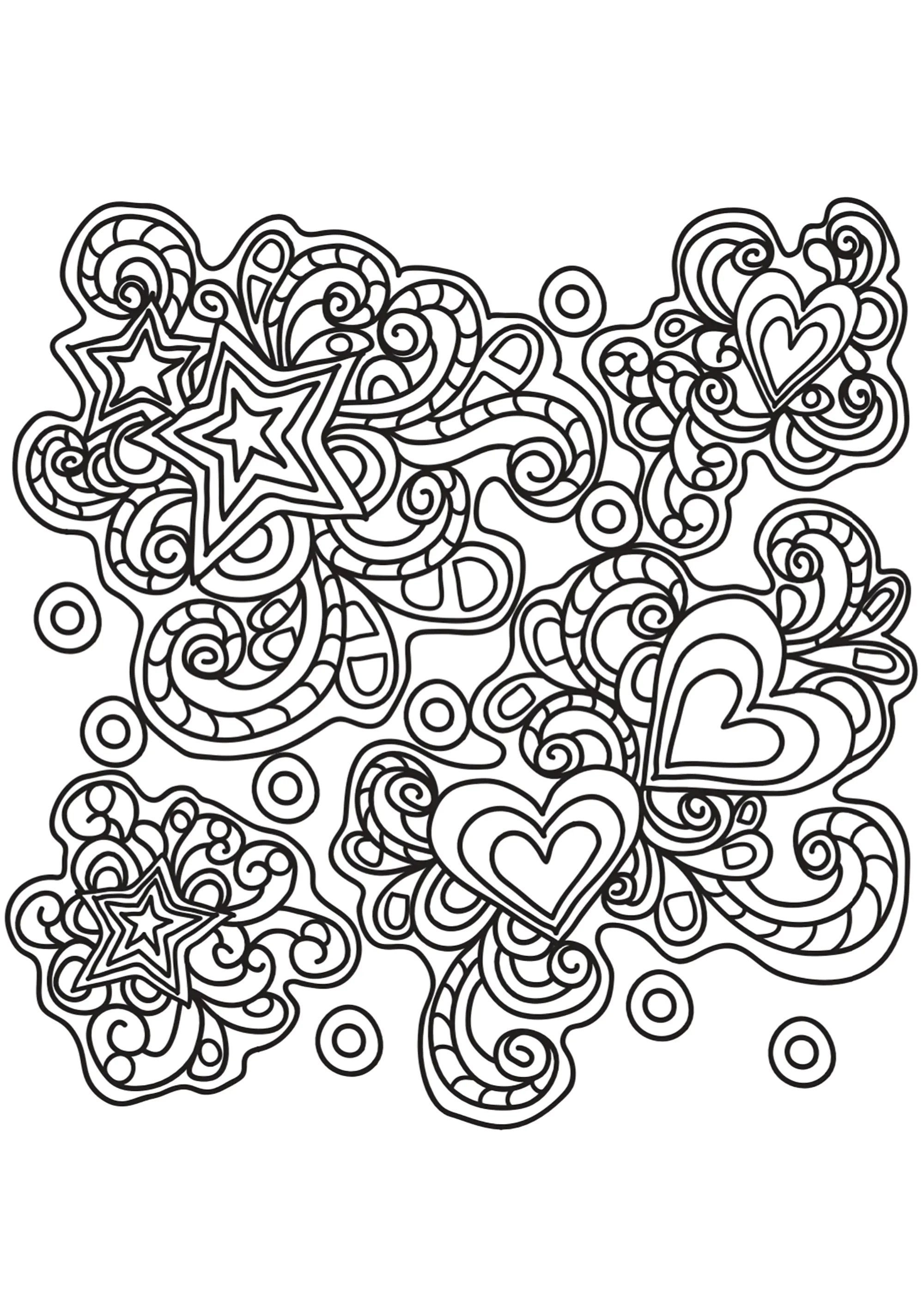 Garabato con corazones y estrellas (Página de Doodle art / Doodling para imprimir para adultos)