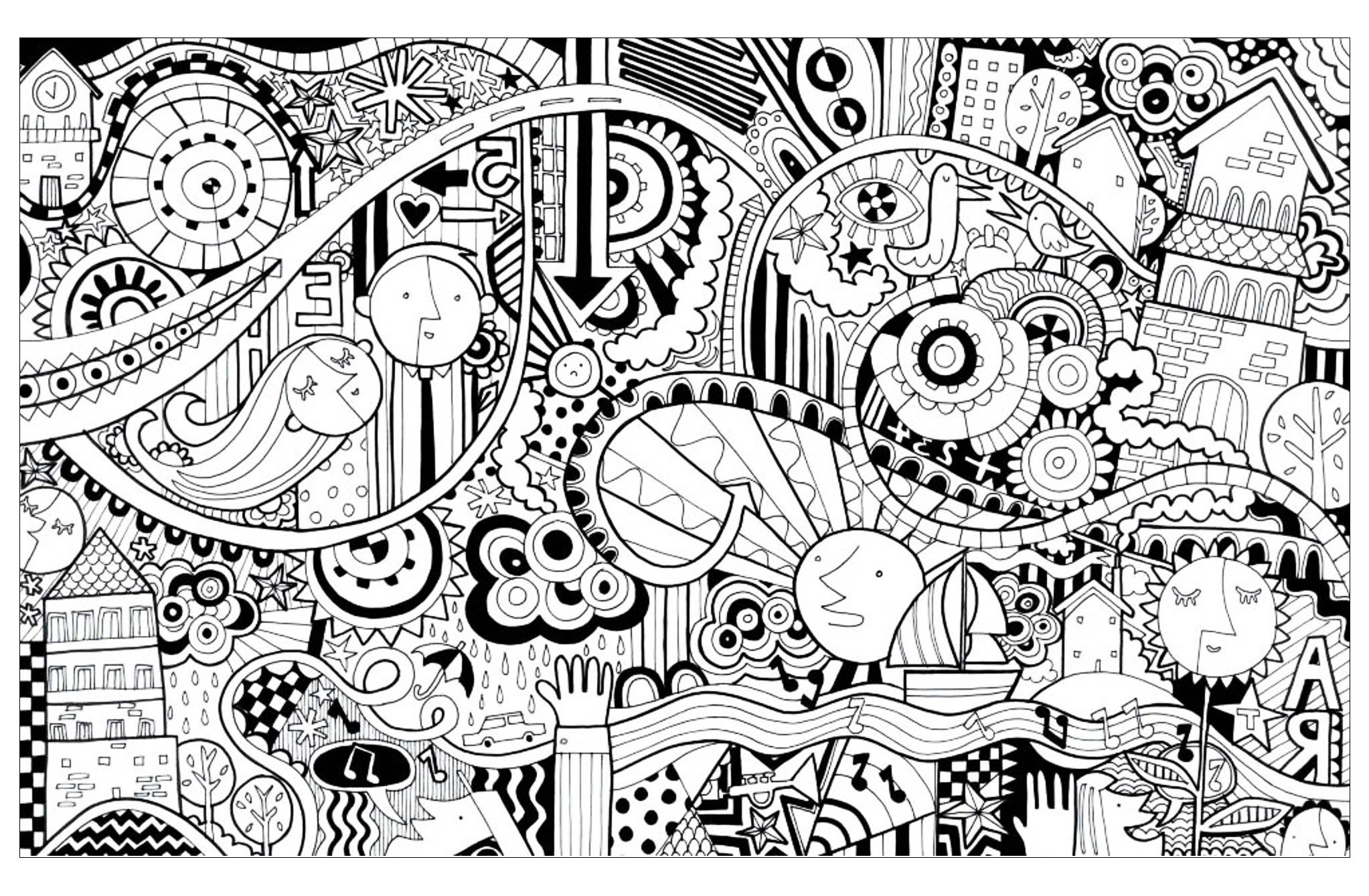En este dibujo garabato para colorear, encontrarás casas, barcos, árboles, caras extrañas... y varios motivos abstractos En este dibujo garabato para colorear, encontrarás casas, barcos, árboles, caras extrañas... y varios motivos abstractos