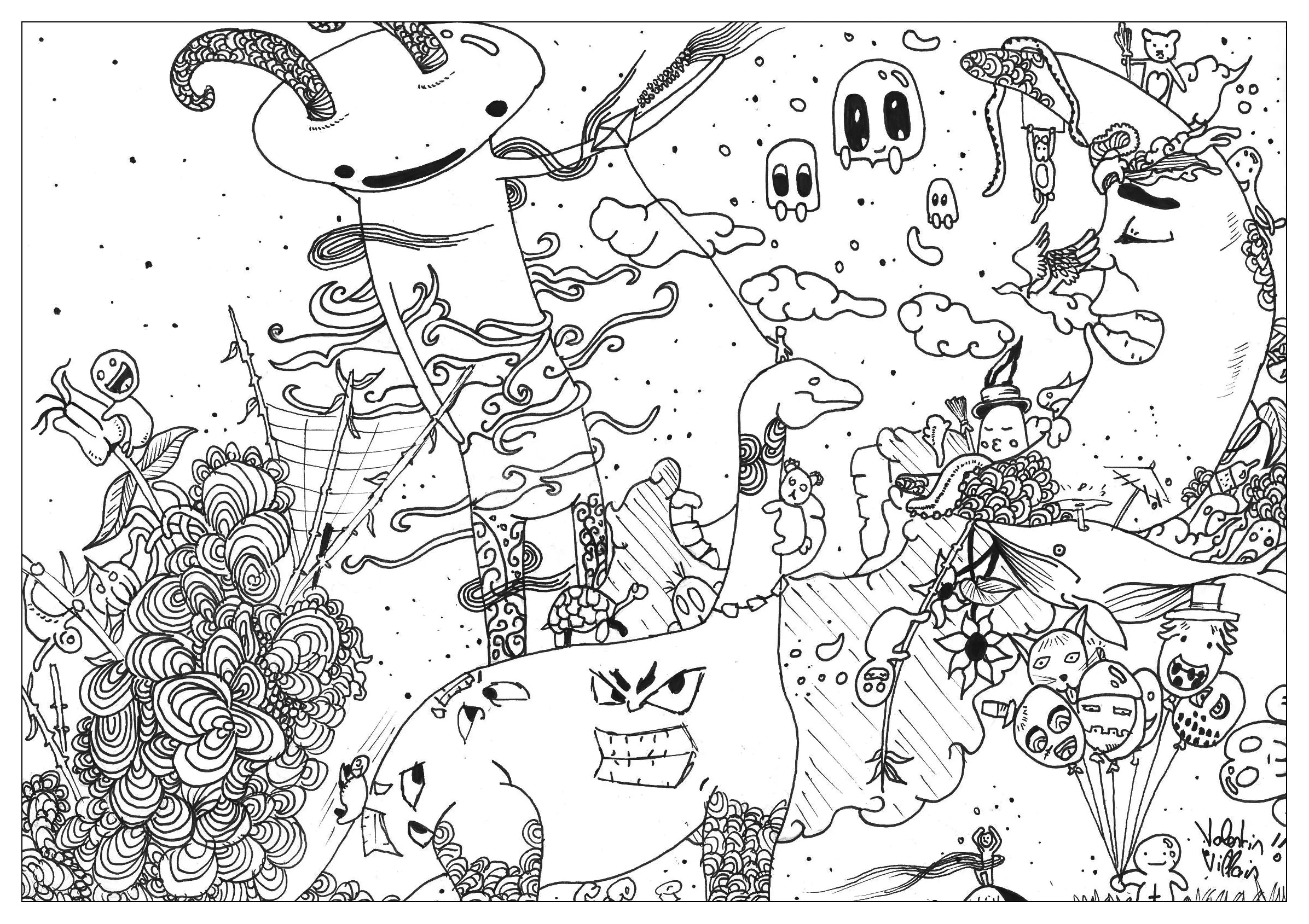 Monde imaginaire y Doodle (Página de Doodle Art Doodling para imprimir para adultos)