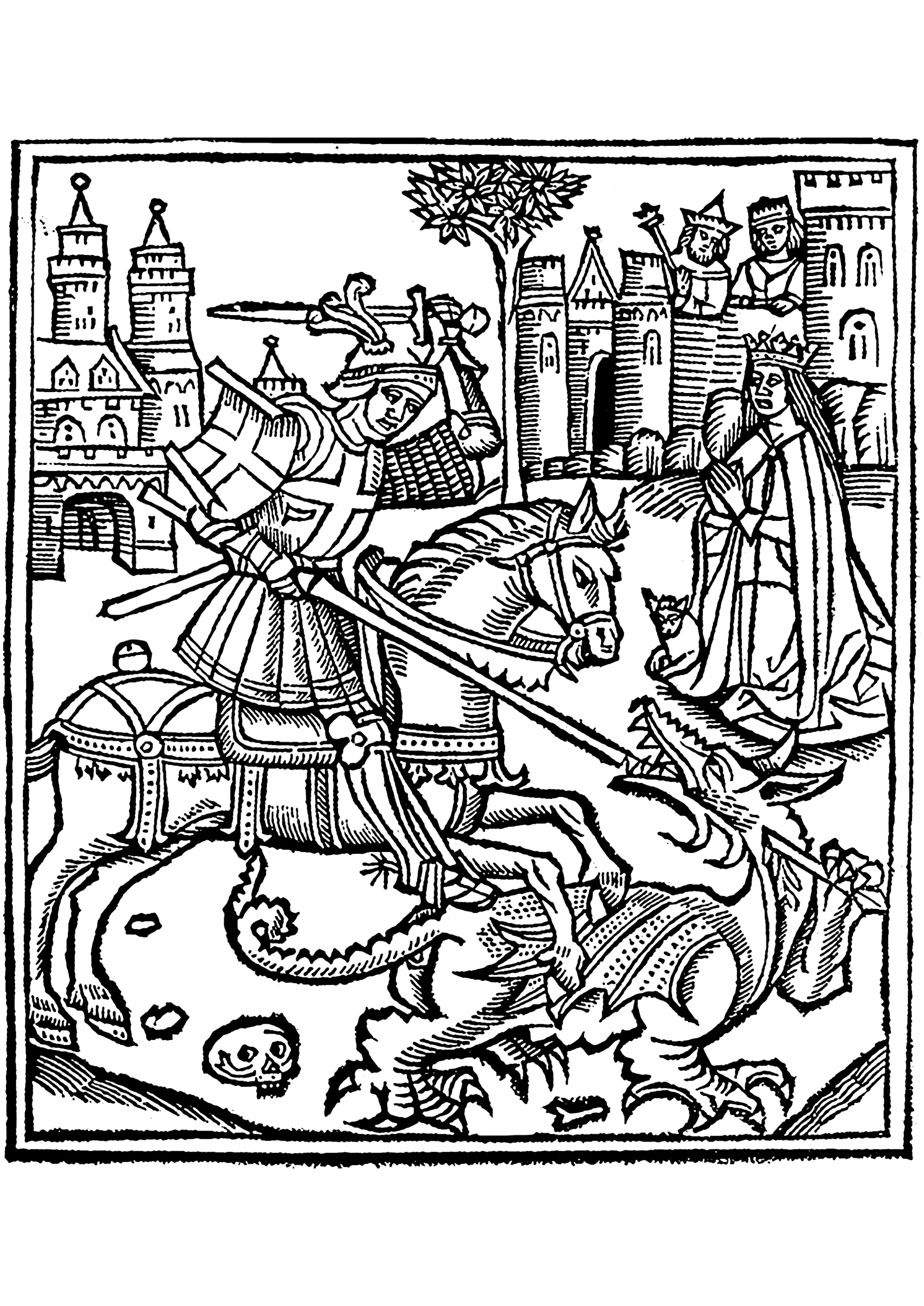 San Jorge mata al dragón (Página de Dragones para imprimir para adultos)