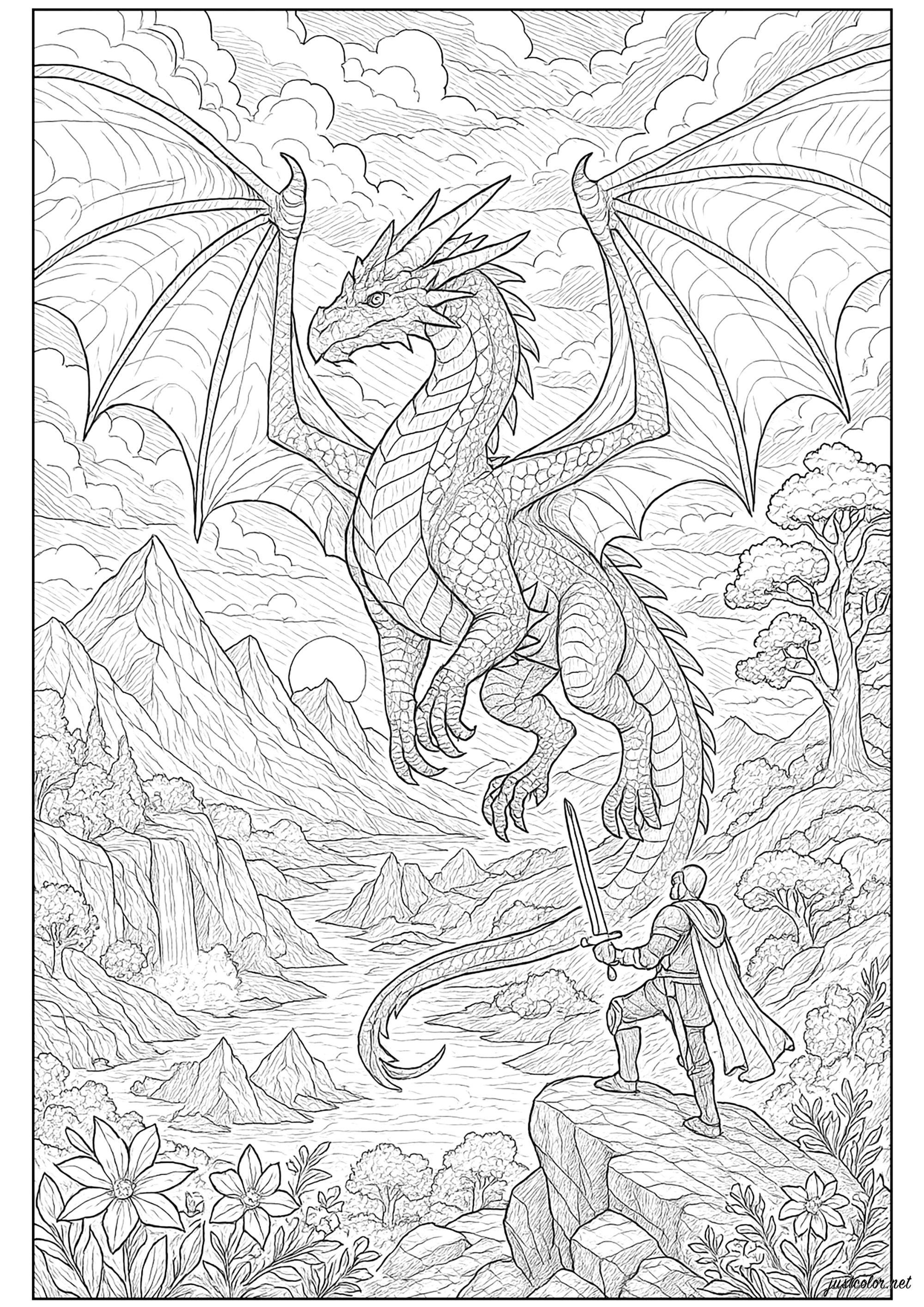 Majestuoso dragón y caballero (Página de Dragones para imprimir para adultos)