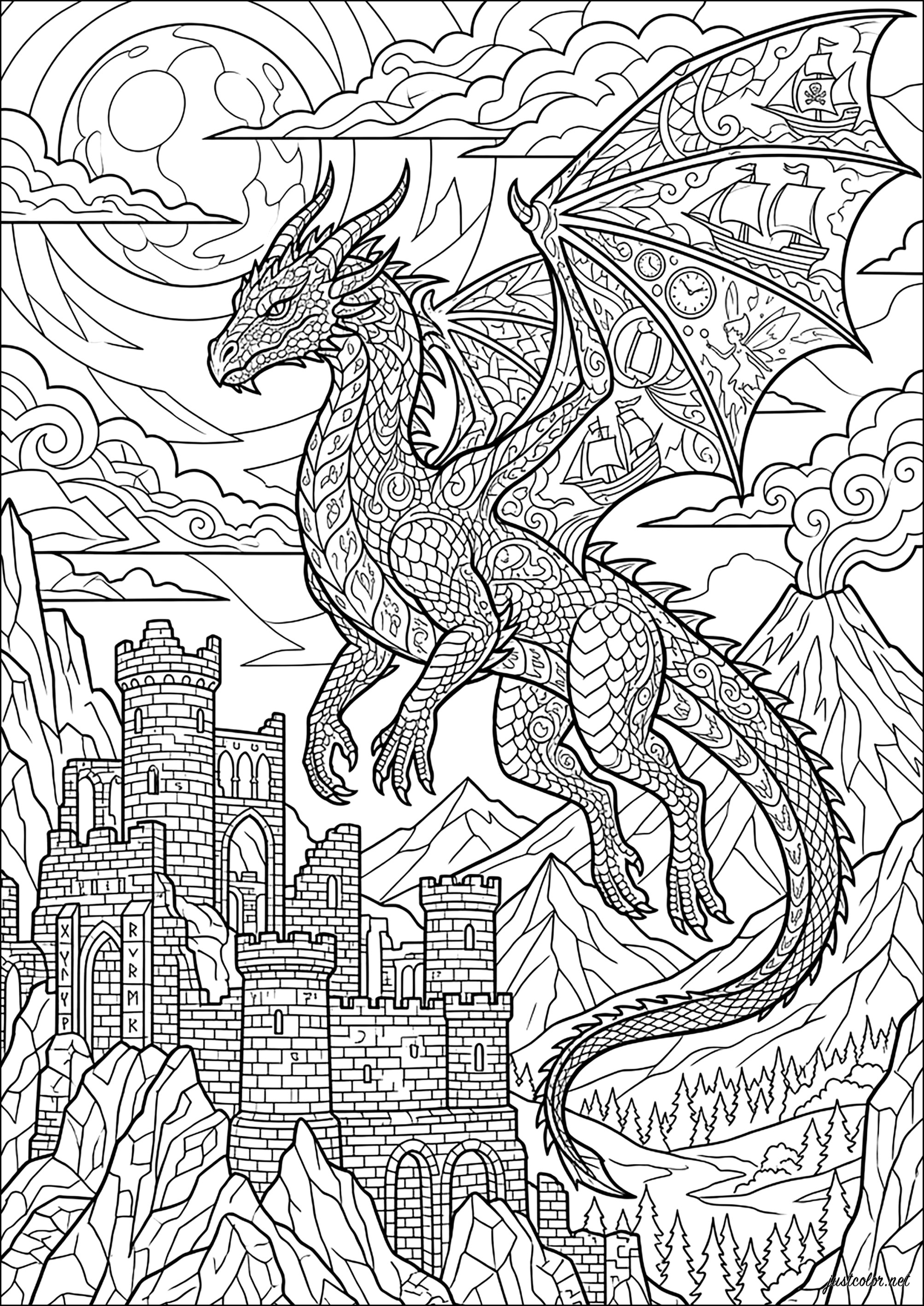 Majestuoso dragón volando sobre un castillo (Página de Dragones para imprimir para adultos)