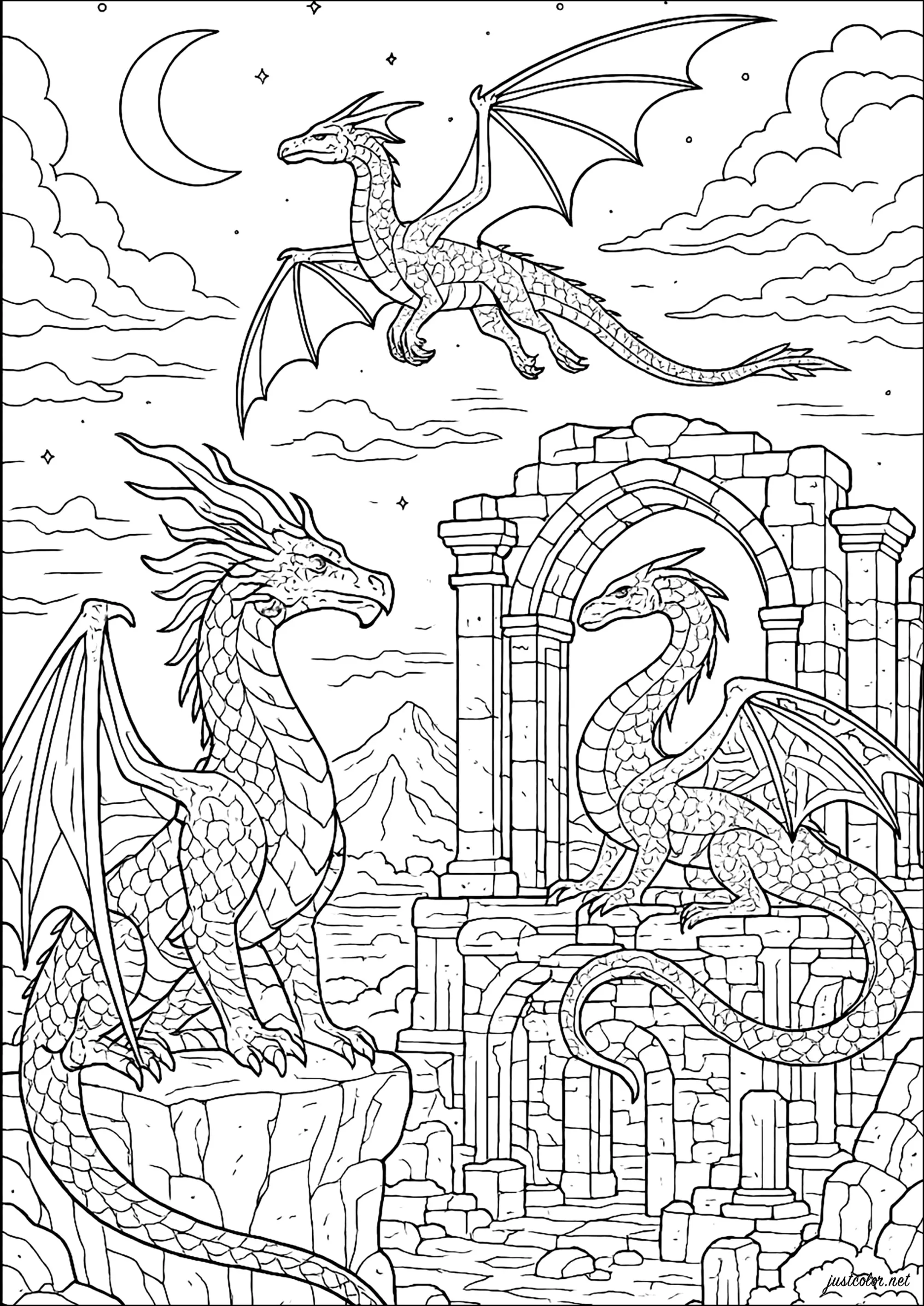 Los tres dragones de las ruinas antiguas (Página para imprimir para adultos)