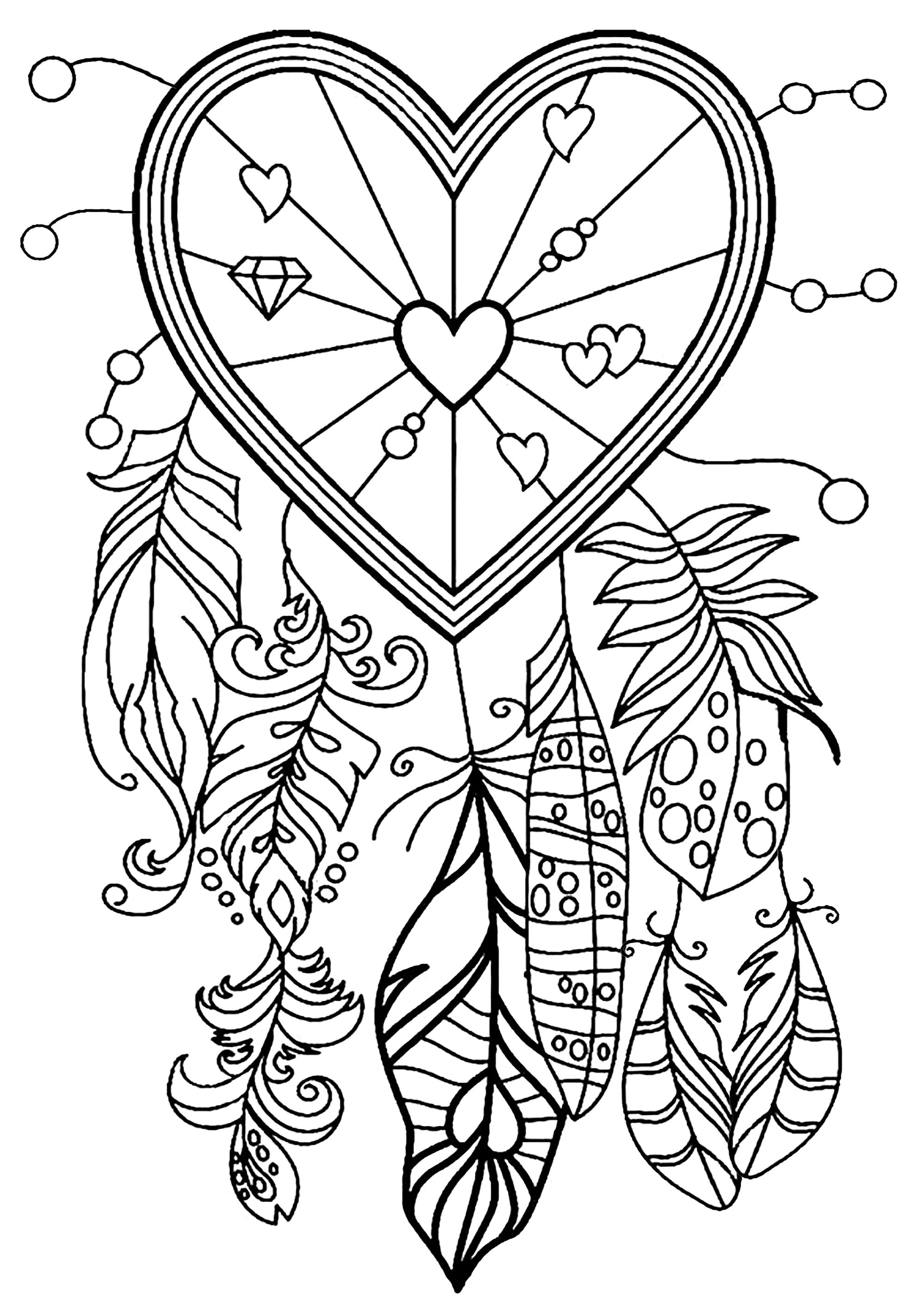 Atrapasueños con corazones y plumas (Página para imprimir para adultos)