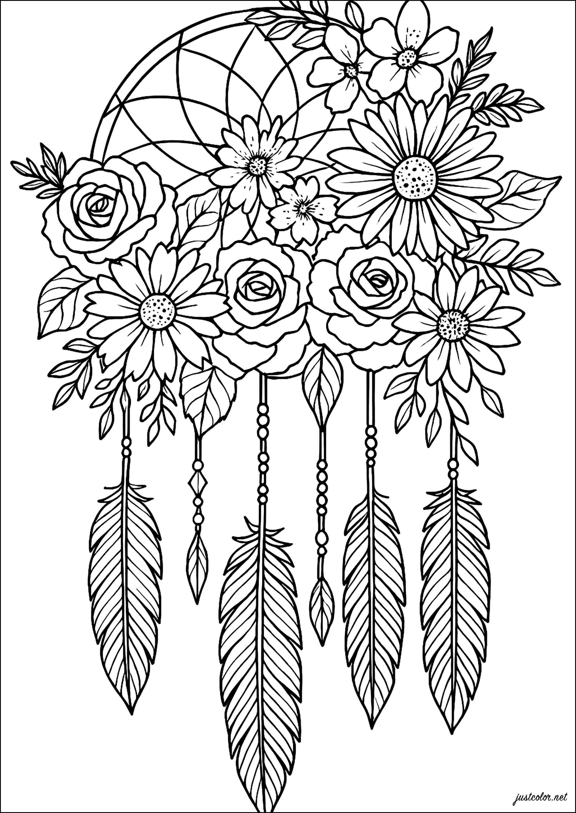 Elegante calmante floral atrapasueños (Página para imprimir para adultos)