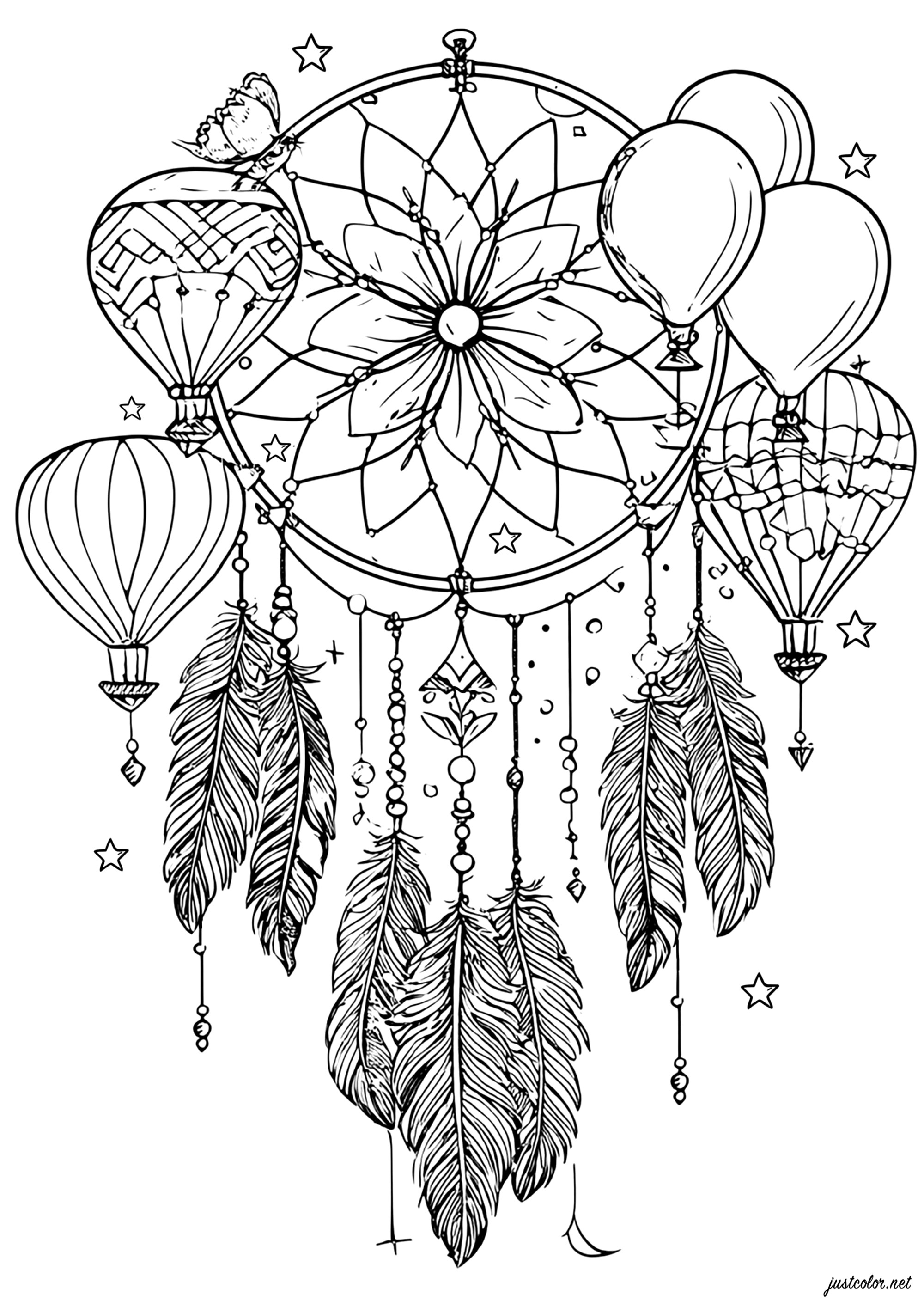 Un ensueño de plumas y globos aerostáticos (Página de Atrapasueños para imprimir para adultos)