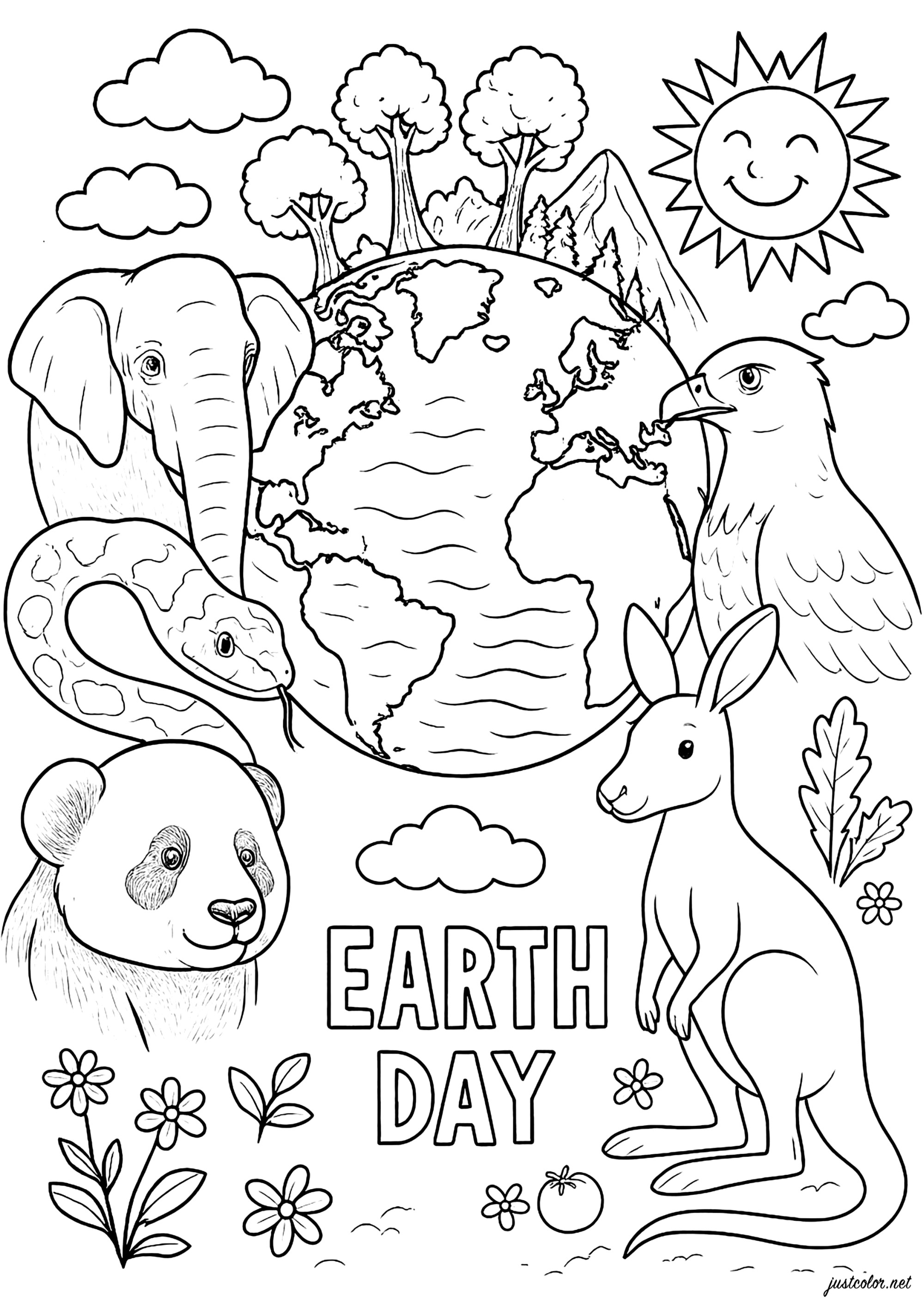 Armonía de la fauna mundial (Página de Día De La Tierra para imprimir para adultos)