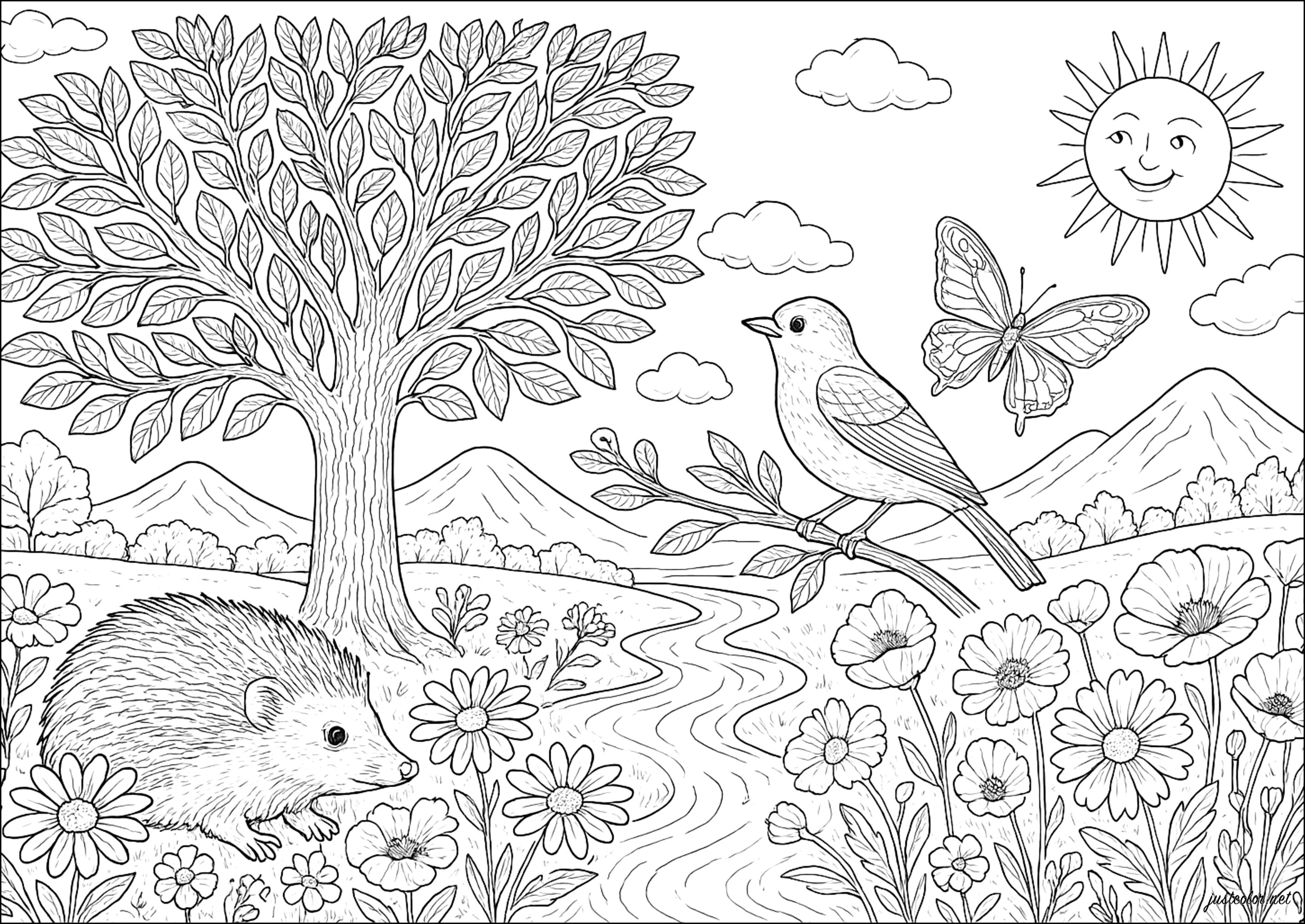 Armonía de flora y fauna (Página de Día De La Tierra para imprimir para adultos)