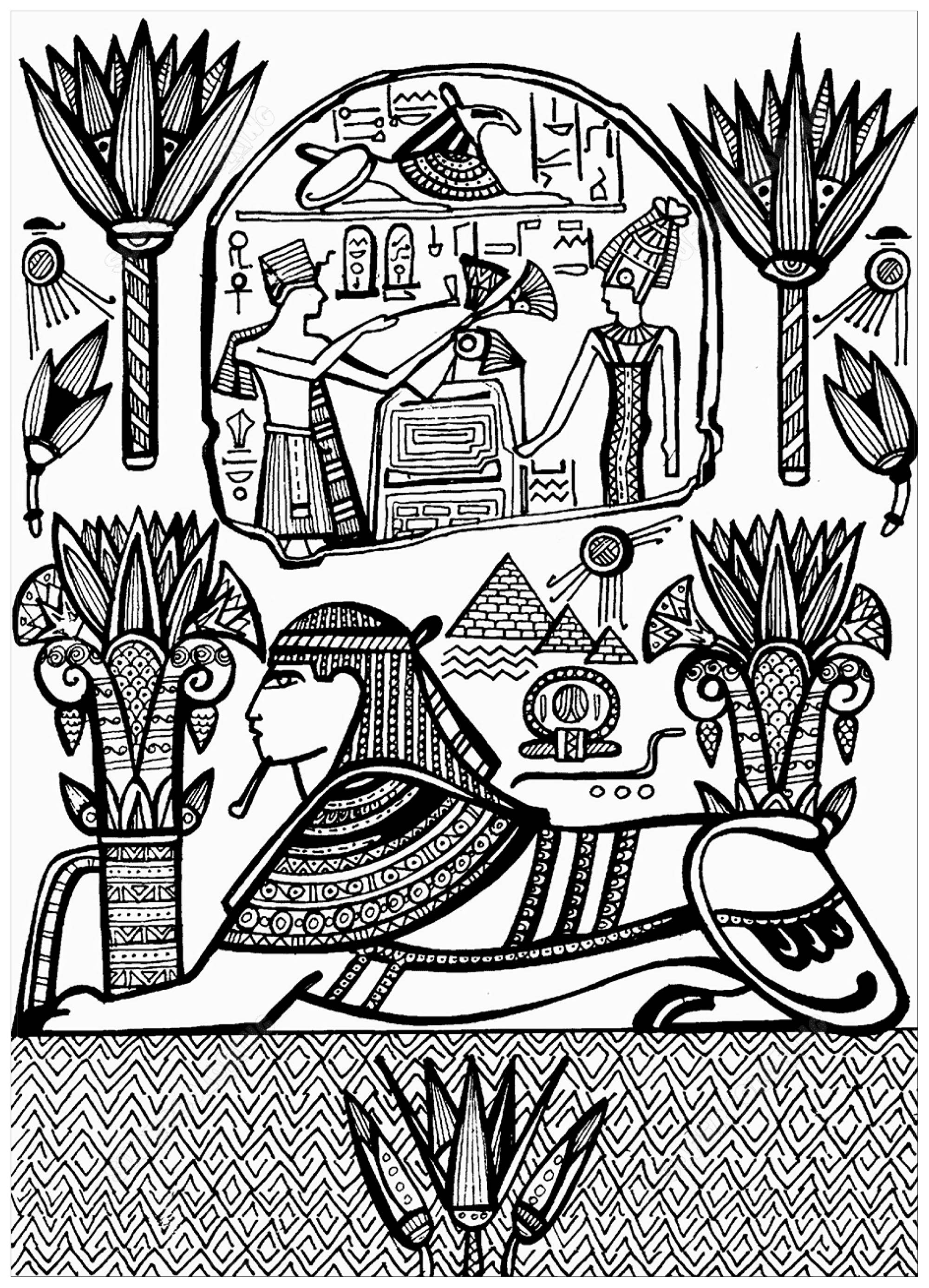 Dibujo que representa a Sphynx con jeroglíficos, inspirado en un fresco del Antiguo Egipto