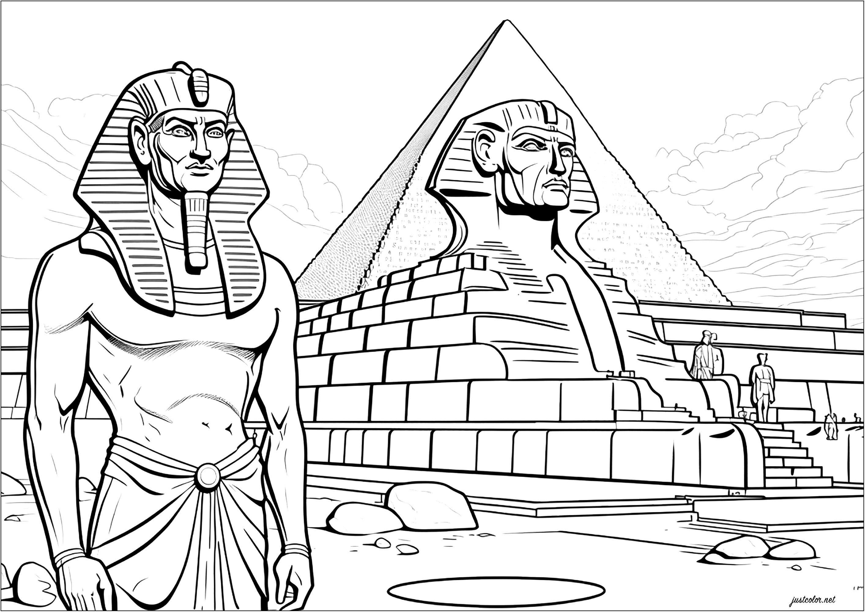 El faraón ante su esfinge y su pirámide. Esta página para colorear muestra a un faraón de pie ante un esfinge que lo representa y una gran pirámide. Es una magnífica representación del antiguo Egipto y su grandeza.