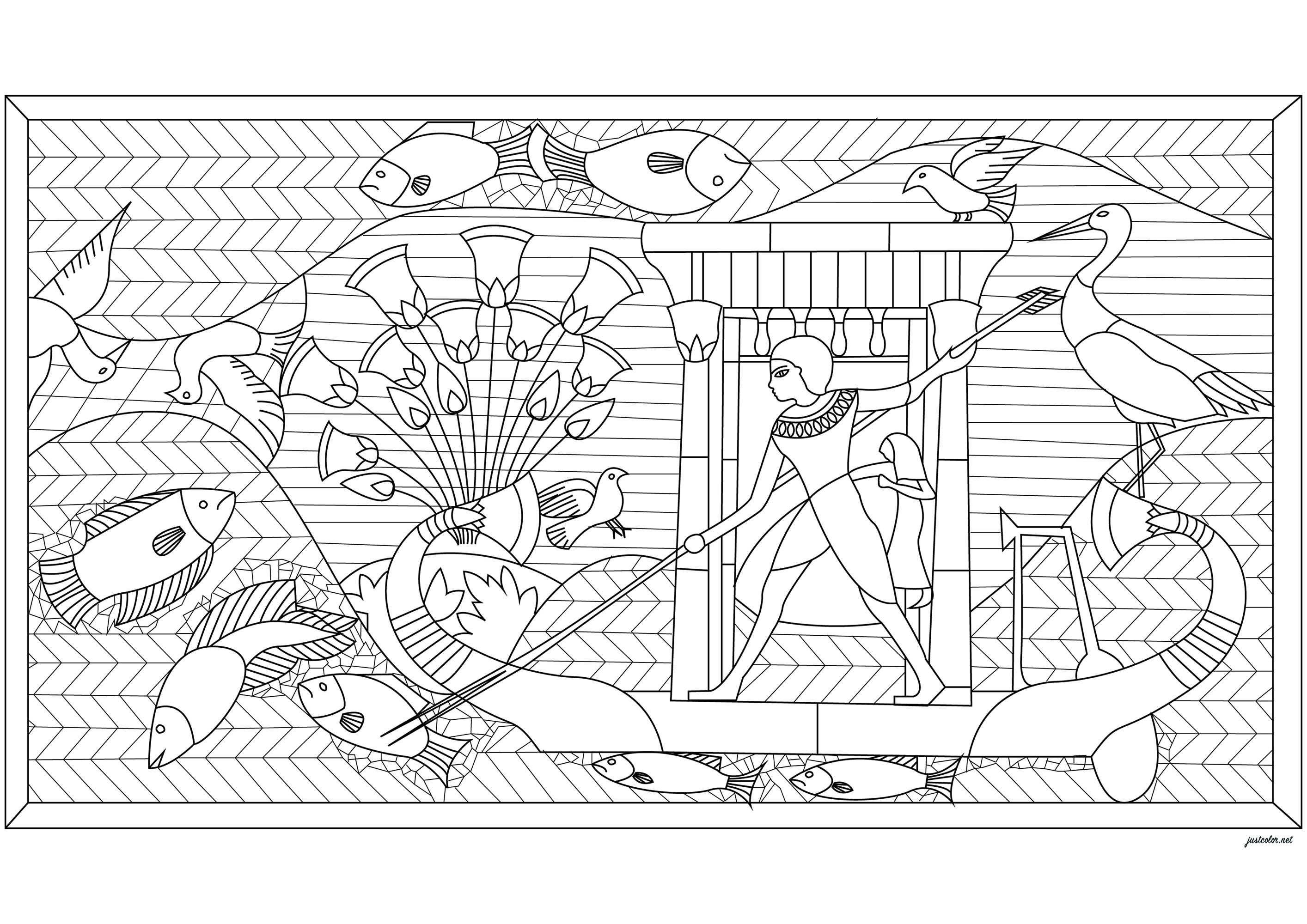 Pesca en el antiguo Egipto (Página de Egipto y Jeroglíficos para imprimir para adultos)