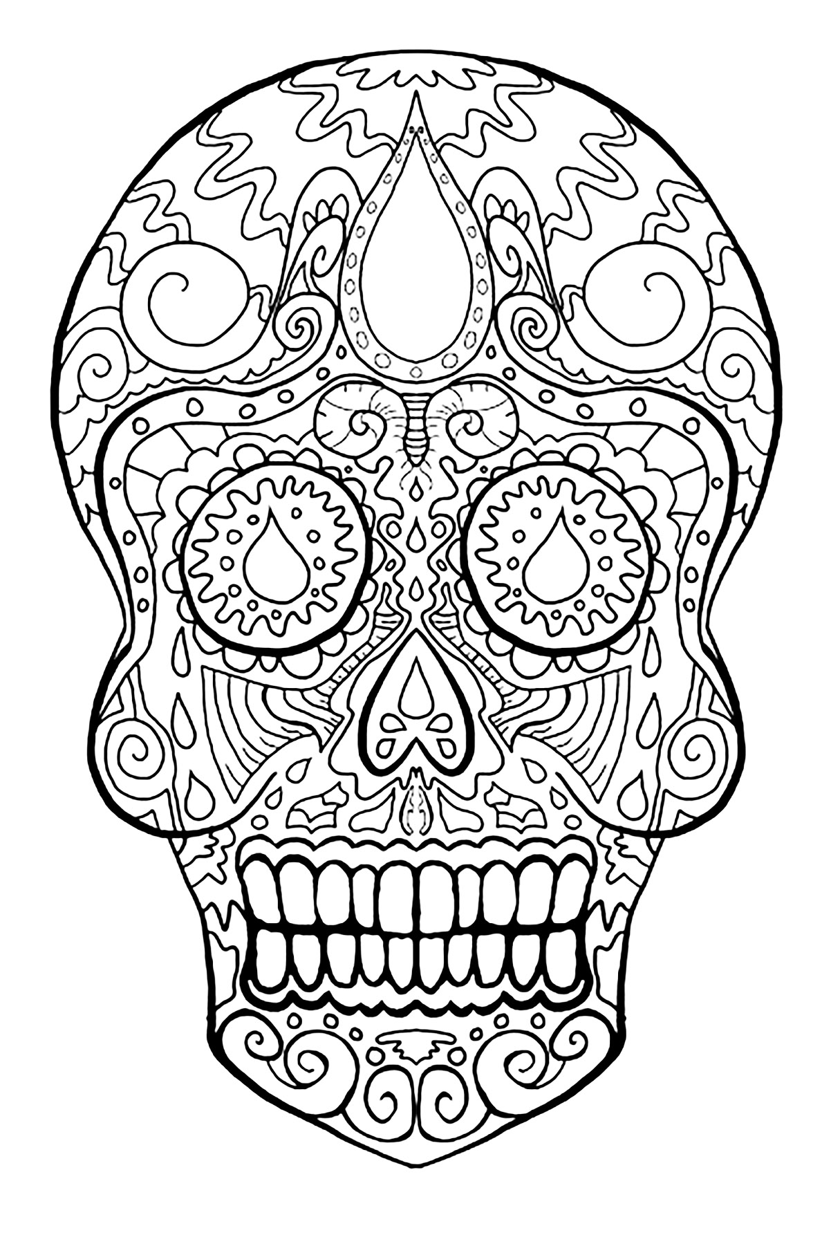 Calavera representativa de la festividad mexicana 'Día de los Muertos. Esta página para colorear está inspirada en el festival mexicano Días de los Muertos. Representa una calavera, símbolo esencial de esta celebración.Se compone de motivos que reflejan la alegría y el júbilo de esta festividad, Artista : Art'Isabelle