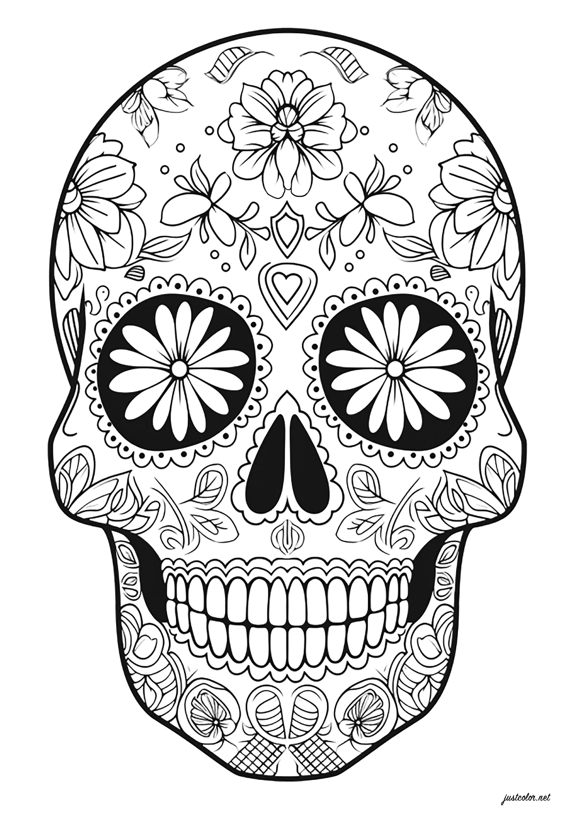 Día de los muertos skull - intricate floral motifs (Página de El Día De Los Muertos para imprimir para adultos)