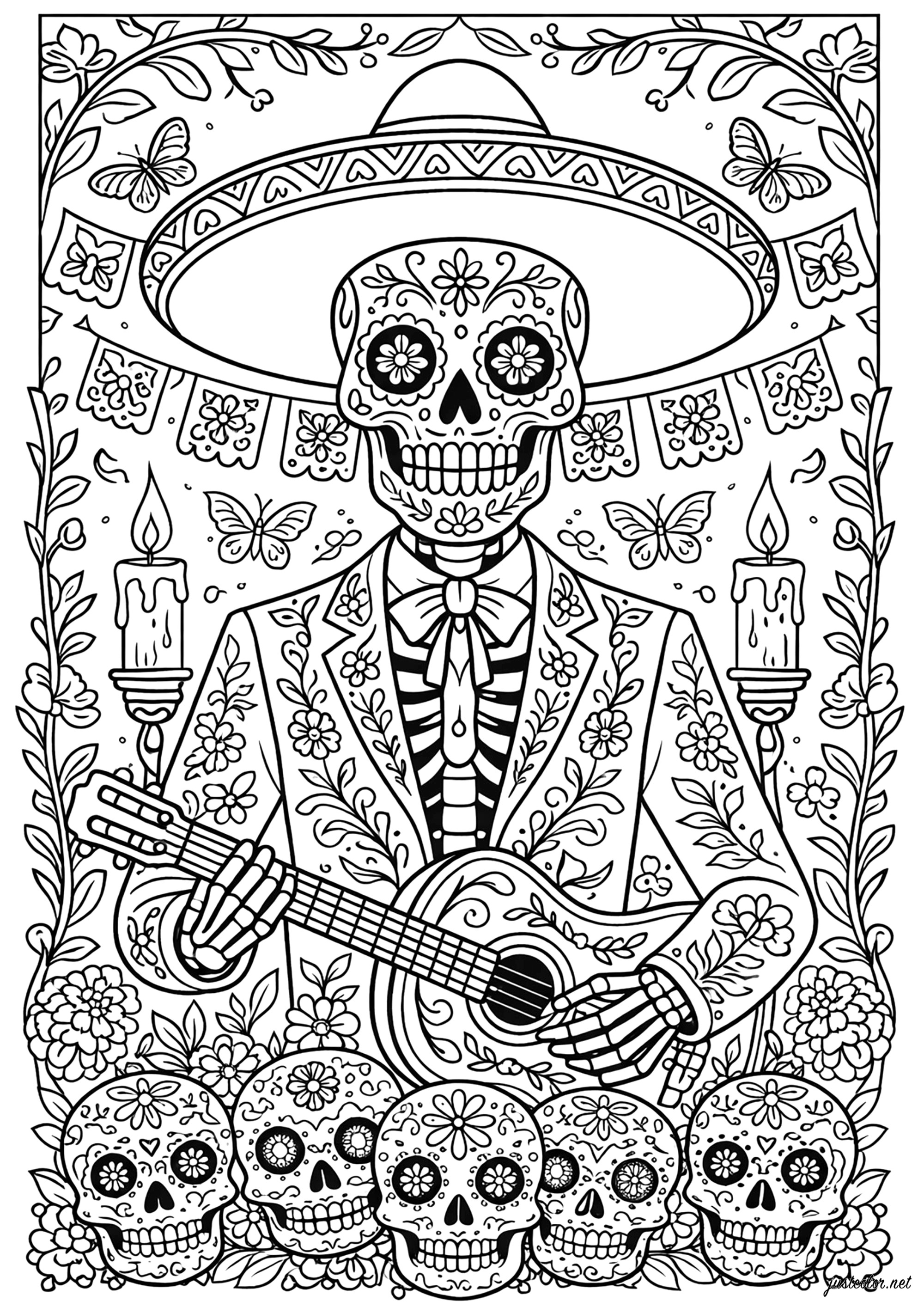 Esqueleto con guitarra (Página de El Día De Los Muertos para imprimir para adultos)