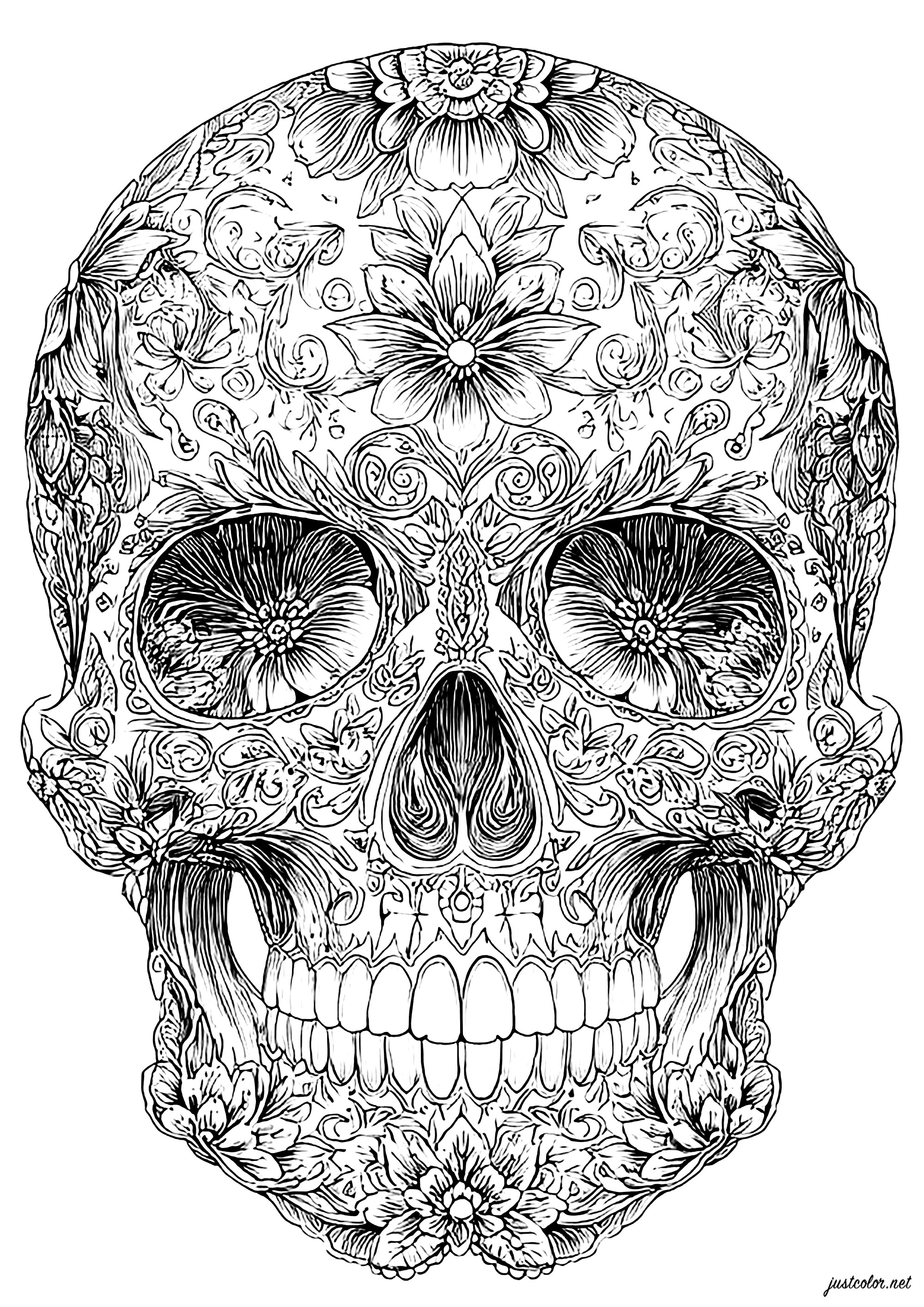 Sinfonía floral en un cráneo (Página de El Día De Los Muertos para imprimir para adultos)