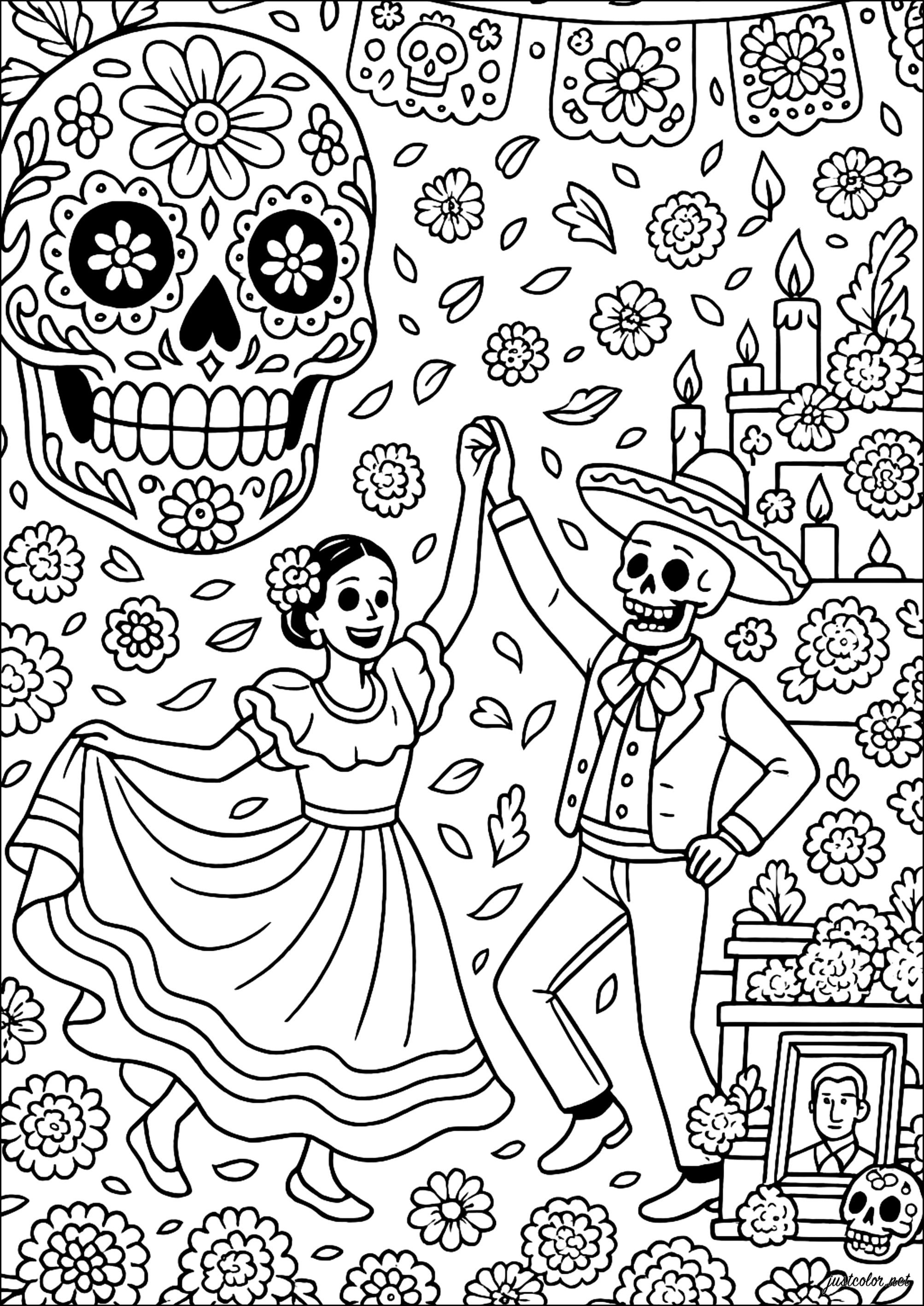 Día de Muertos Mexicano (Página de El Día De Los Muertos para imprimir para adultos)