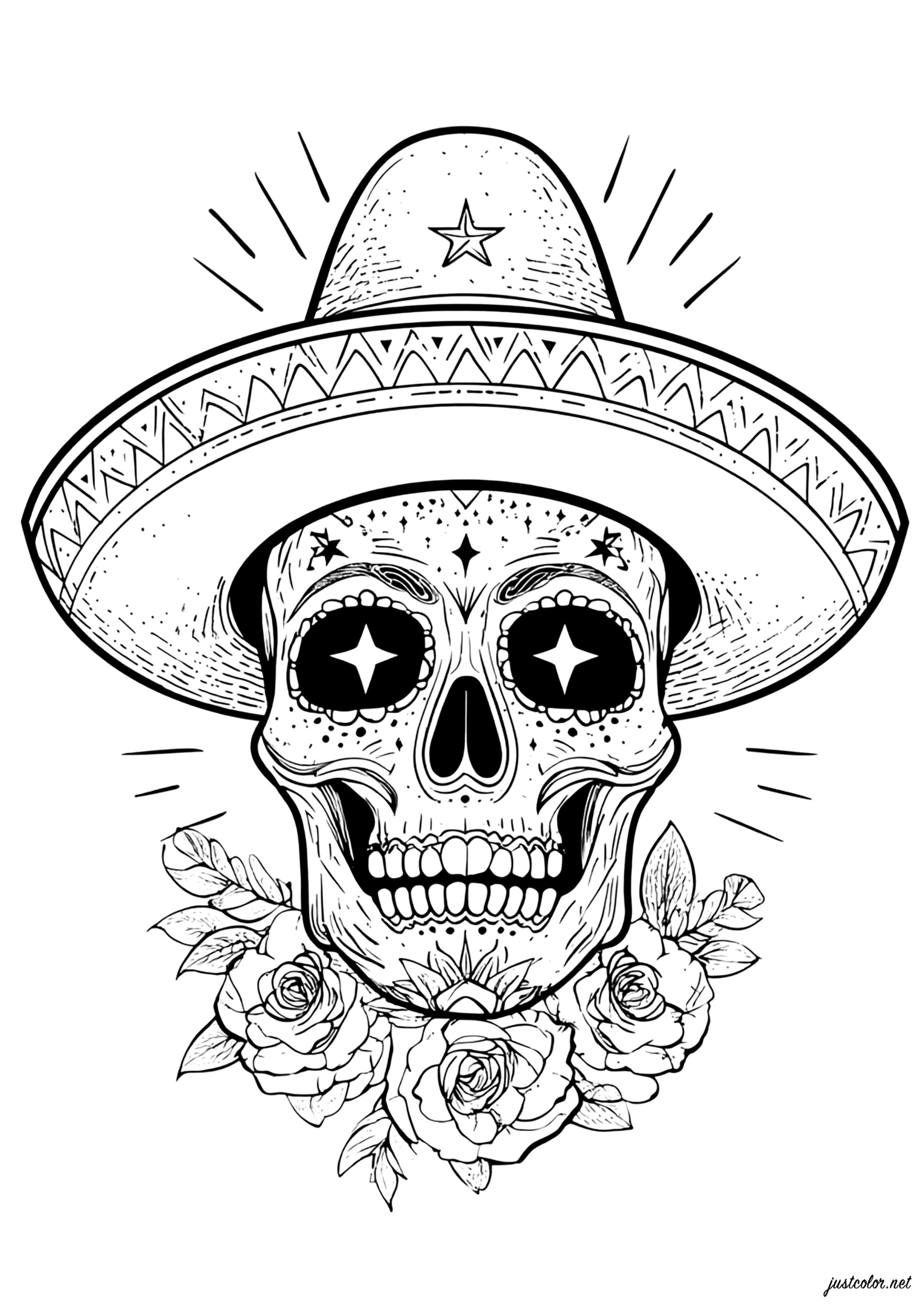 Calavera festiva bajo un gran sombrero mexicano (Página de El Día De Los Muertos para imprimir para adultos)