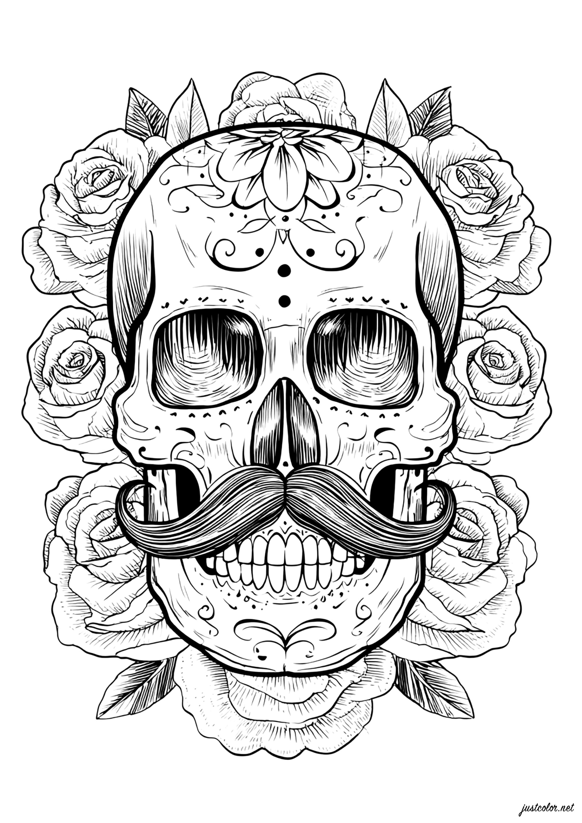 Calavera bigotuda adornada con elegantes rosas (Página de El Día De Los Muertos para imprimir para adultos)