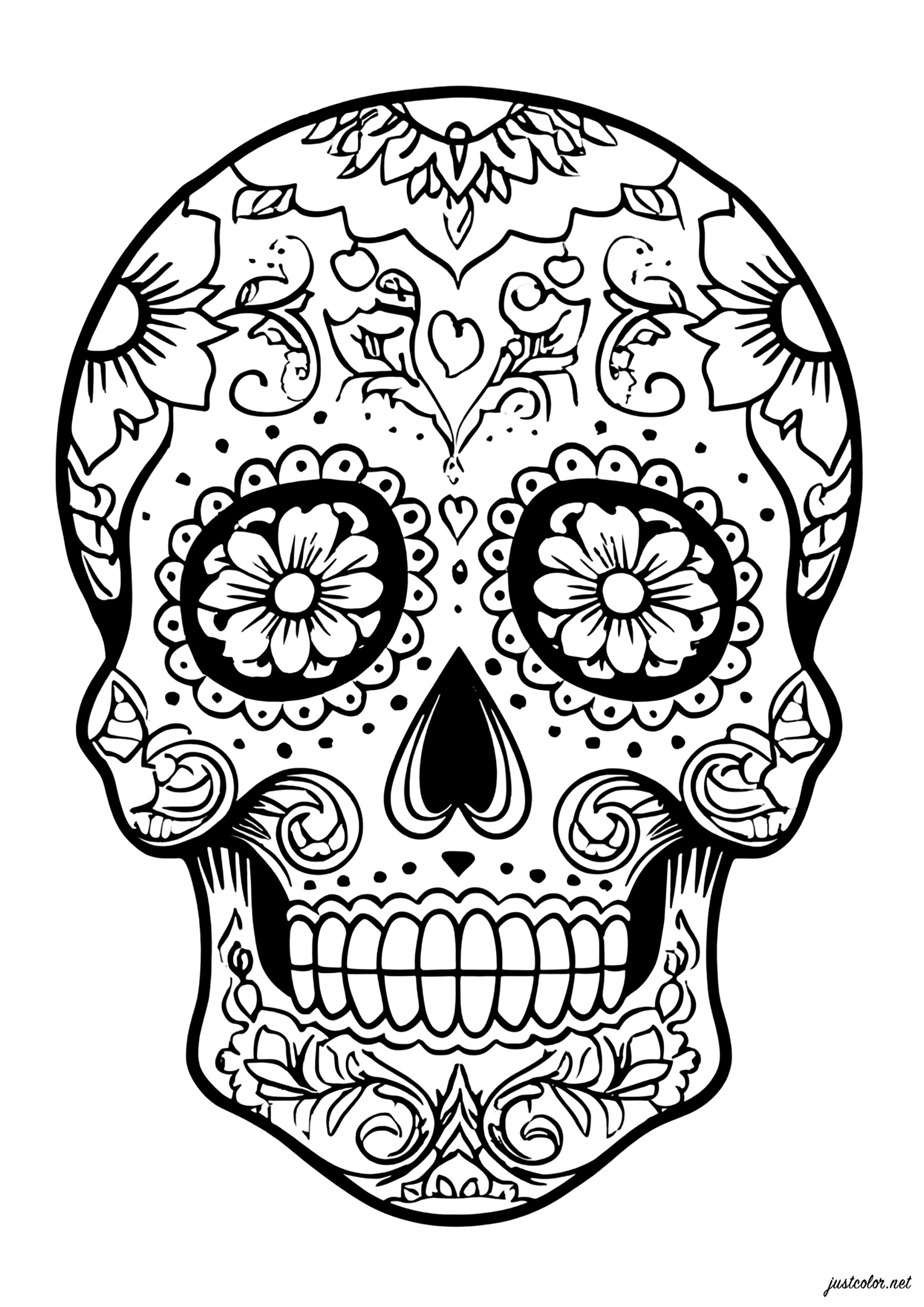 Celebración de la Calavera Florecida (Página de El Día De Los Muertos para imprimir para adultos)
