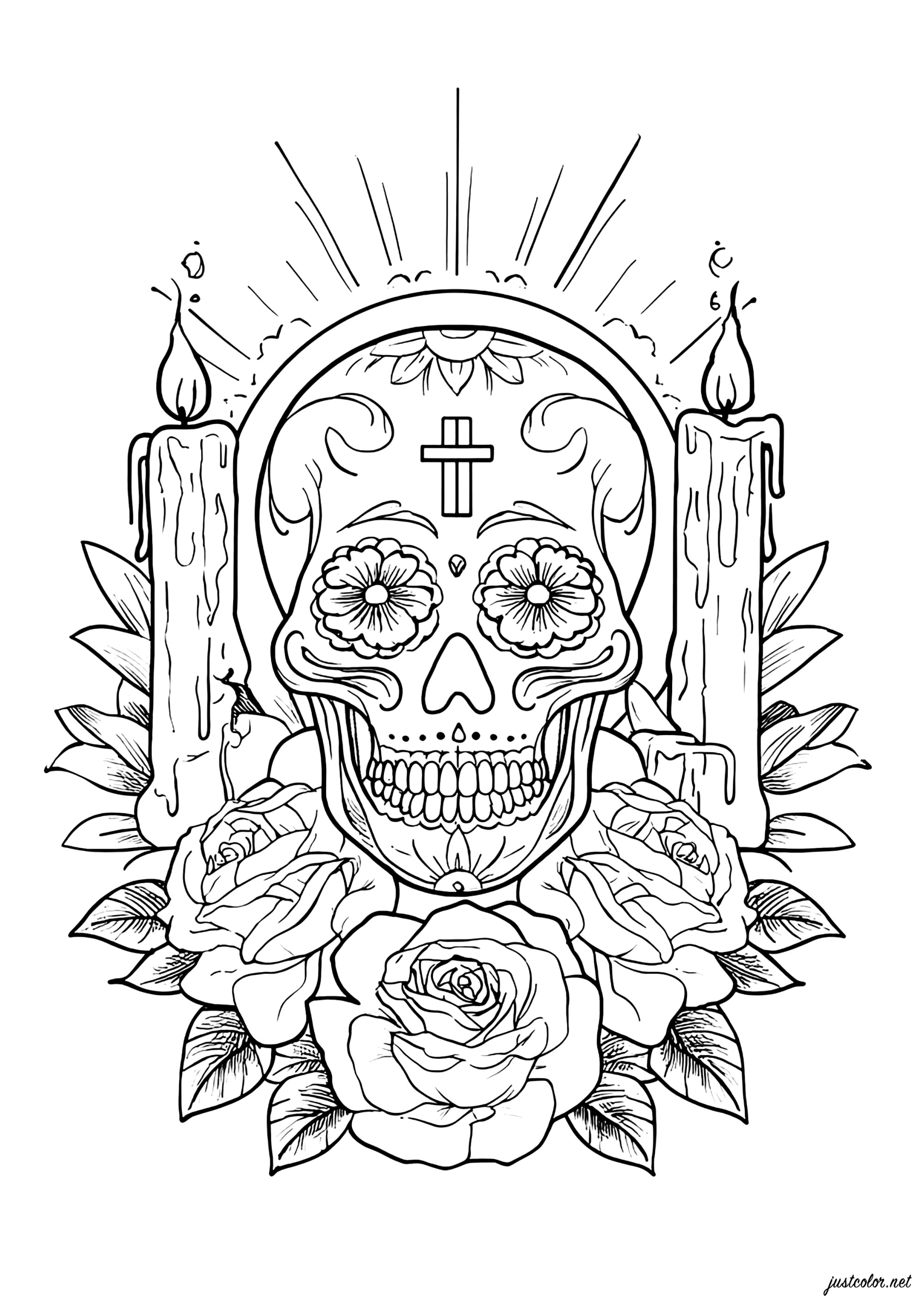 Cráneo místico rodeado de rosas (Página de El Día De Los Muertos para imprimir para adultos)