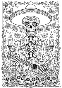 Esqueleto con guitarra (Página de El Día De Los Muertos  para imprimir)