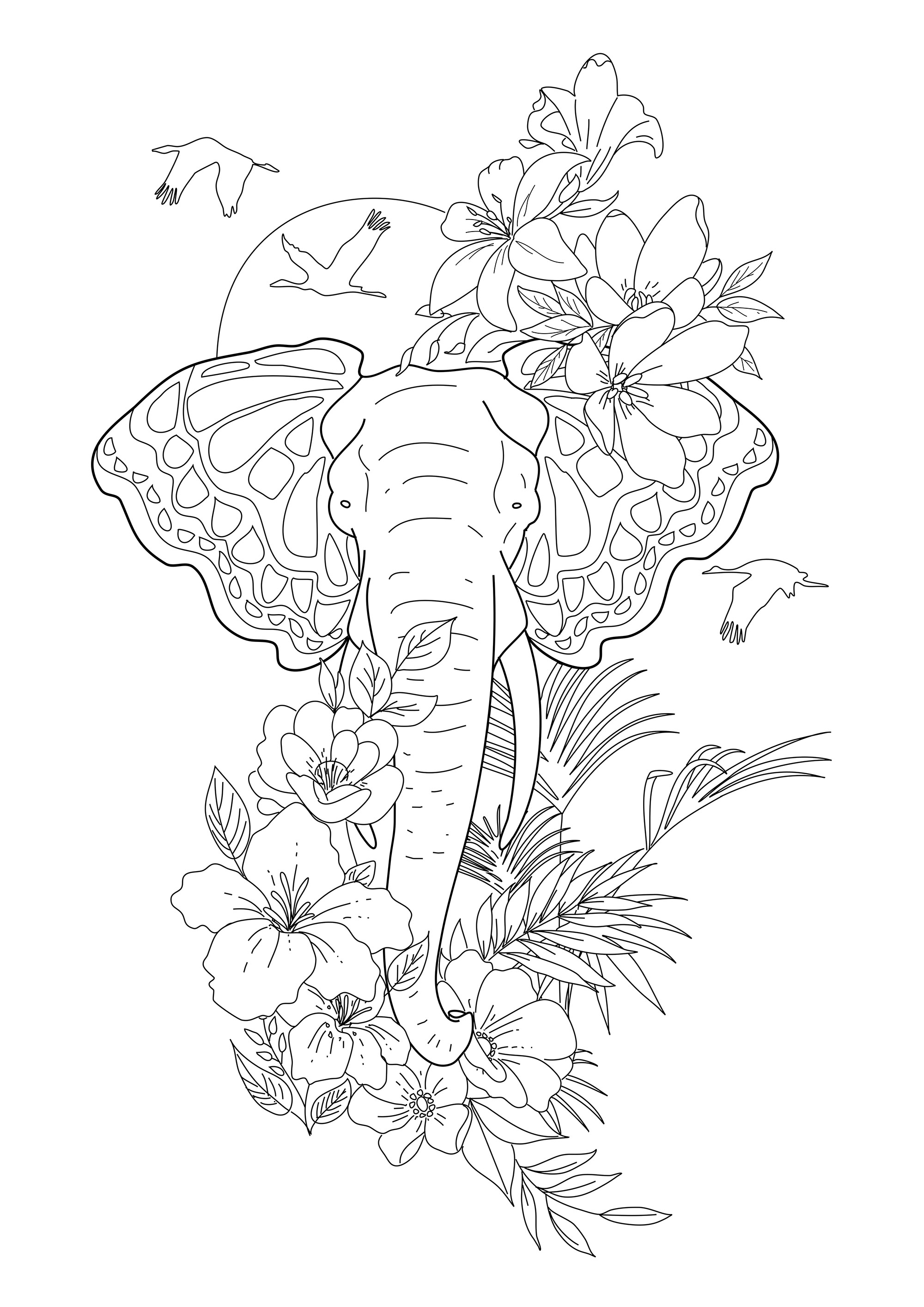 Elefante, flores y pájaros. Las orejas del paquidermo representan alas de mariposa. Extracto de 'Realistic Tattoos Coloring Book' de Roberto 'Gi. Erre' Gemori  Más información: coloringbook.pictures/index.html  Página web del autor: Tattootribes.com, Artista : Roberto Gemori