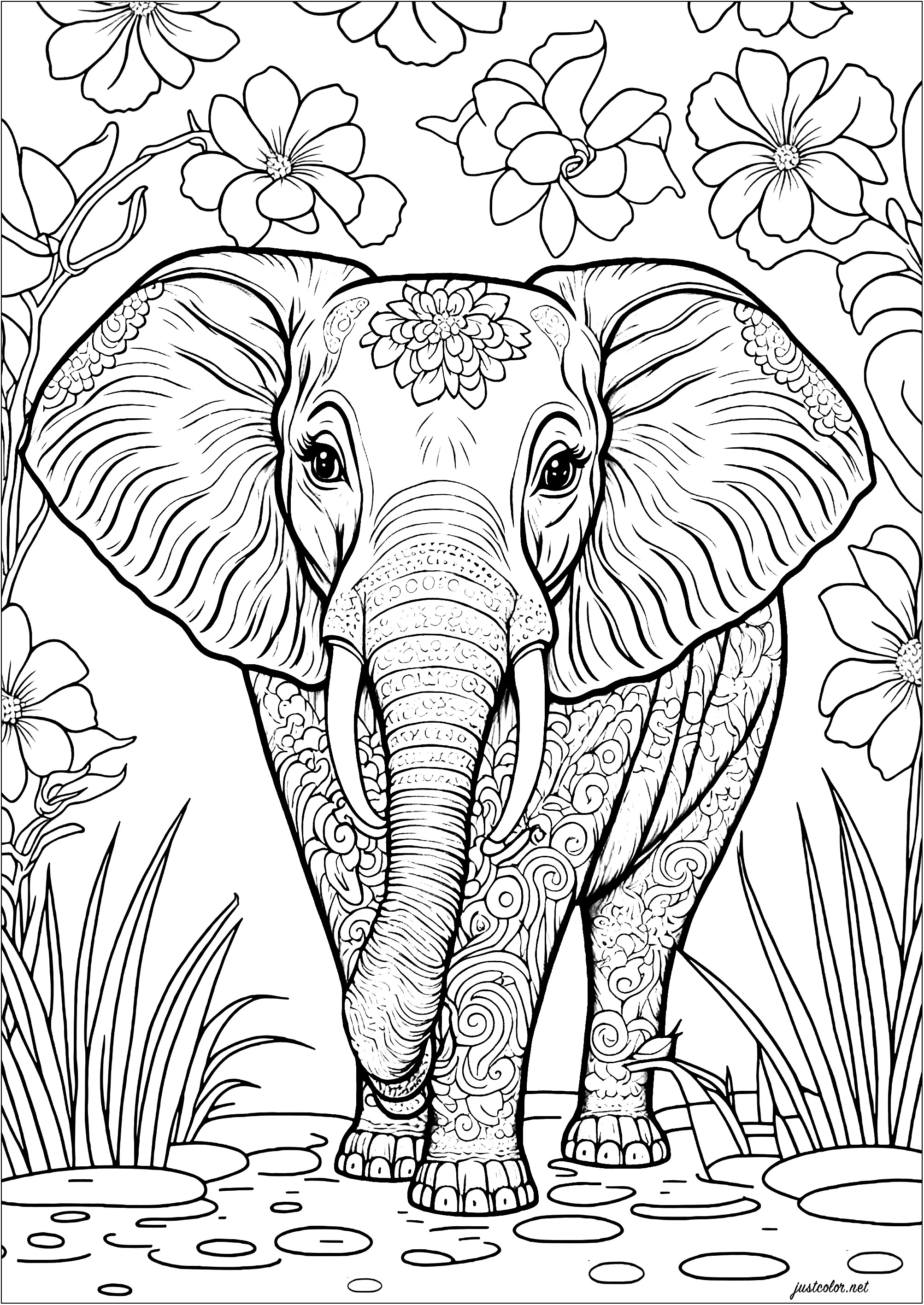 Lindo elefante para colorear con varios motivos para colorear. El cuerpo del elefante está decorado con espirales, rayas y puntos, y sus orejas están llenas de formas geométricas y otros motivos. Colorea también las bonitas flores y la vegetación del fondo.