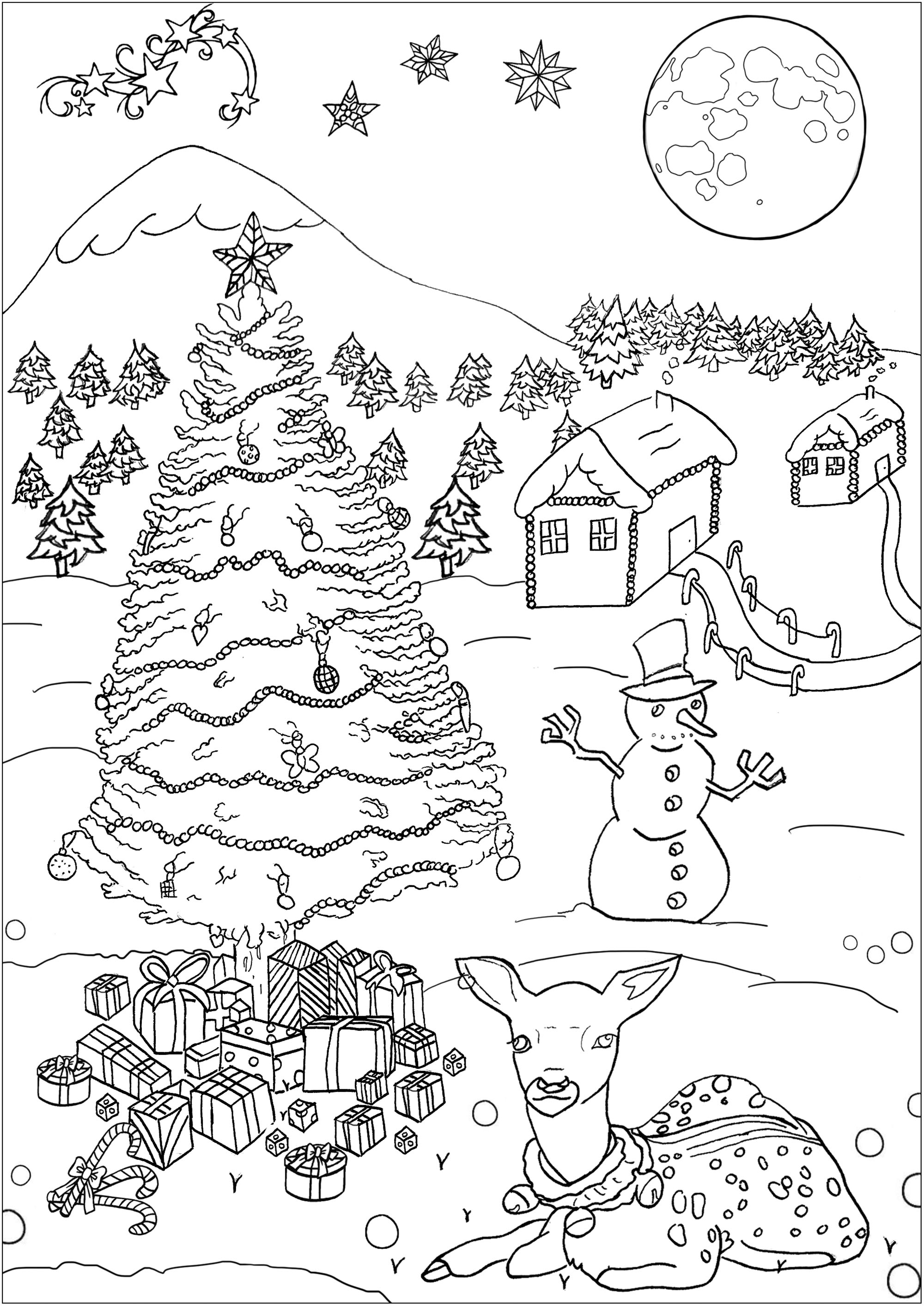 Página para colorear de Navidad, con una bonita logia, un árbol, un muñeco de nieve, regalos y una simpática cierva