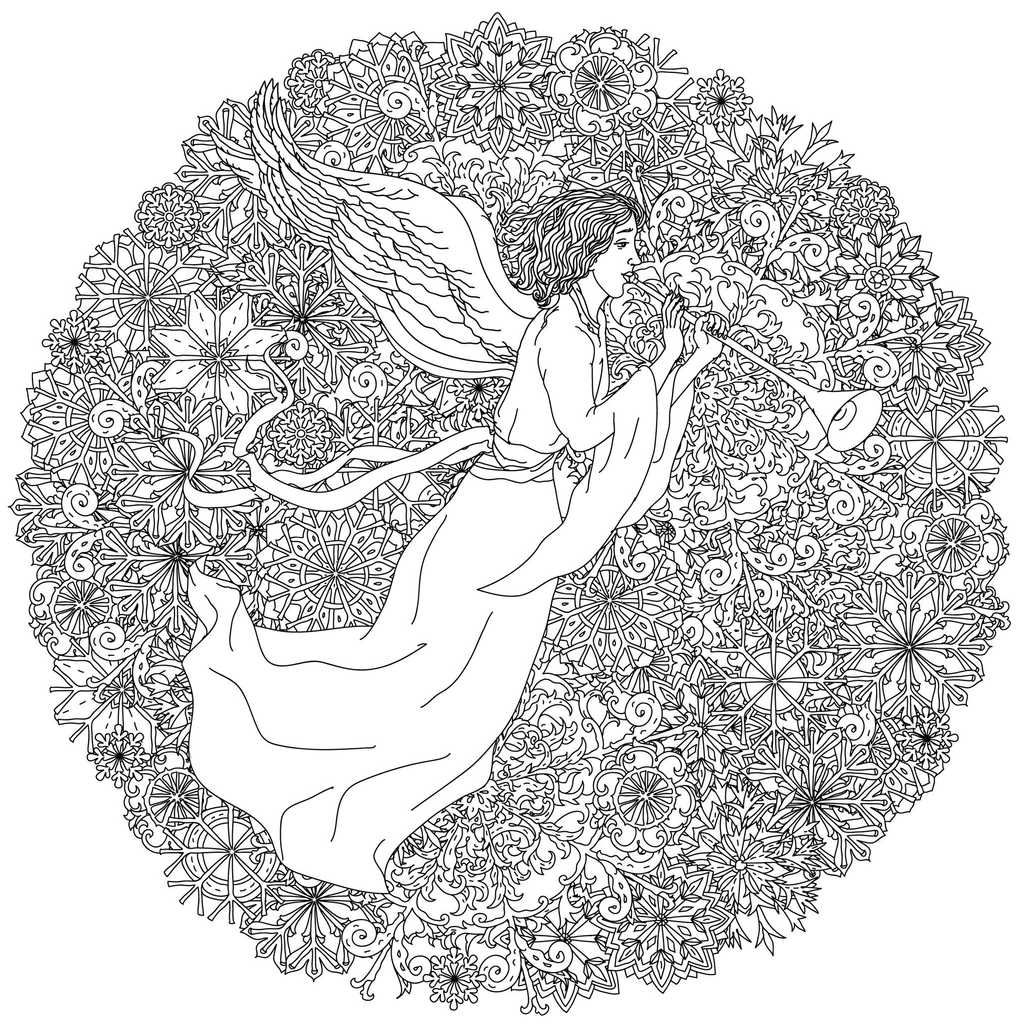 Colorea este increíble dibujo circular con un ángel rodeado de un montón de copos de nieve, Origen : 123rf   Artista : Mashabr