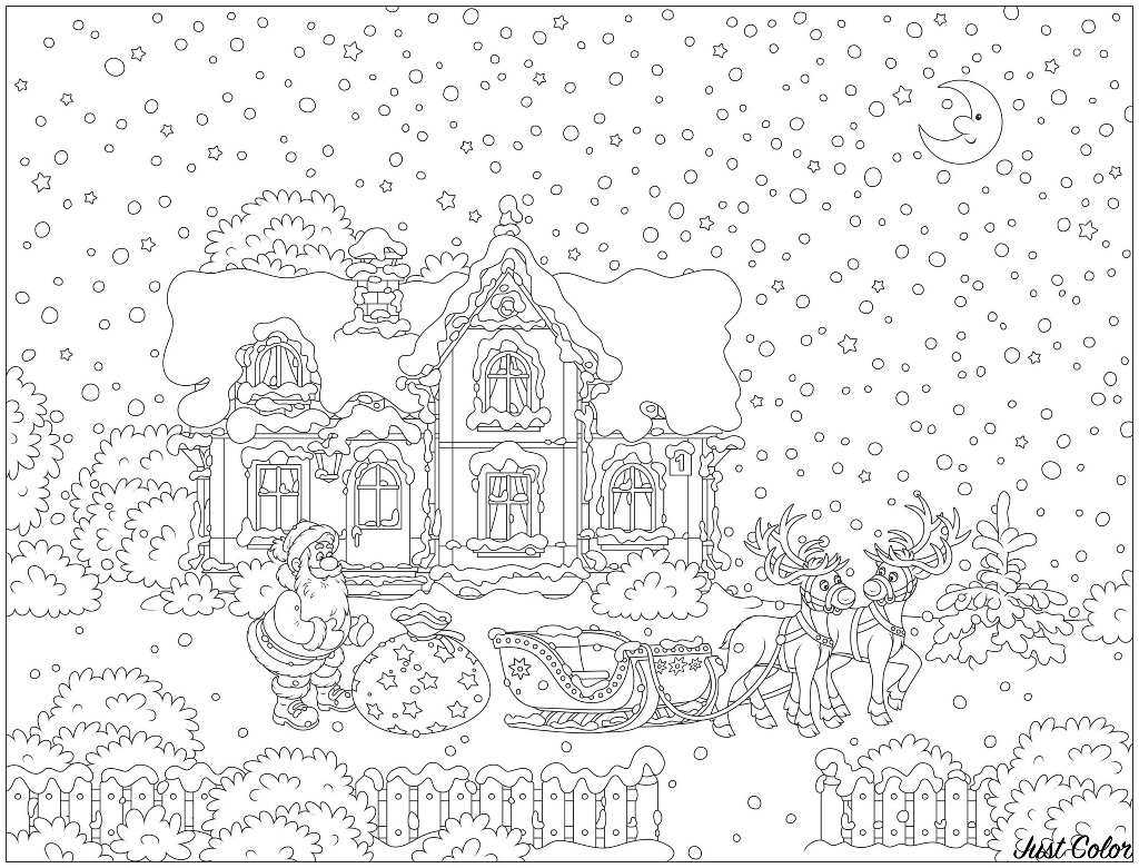 Dibujo con Papá Noel y su trineo de renos delante de una bonita casa, con un cielo lleno de nieve