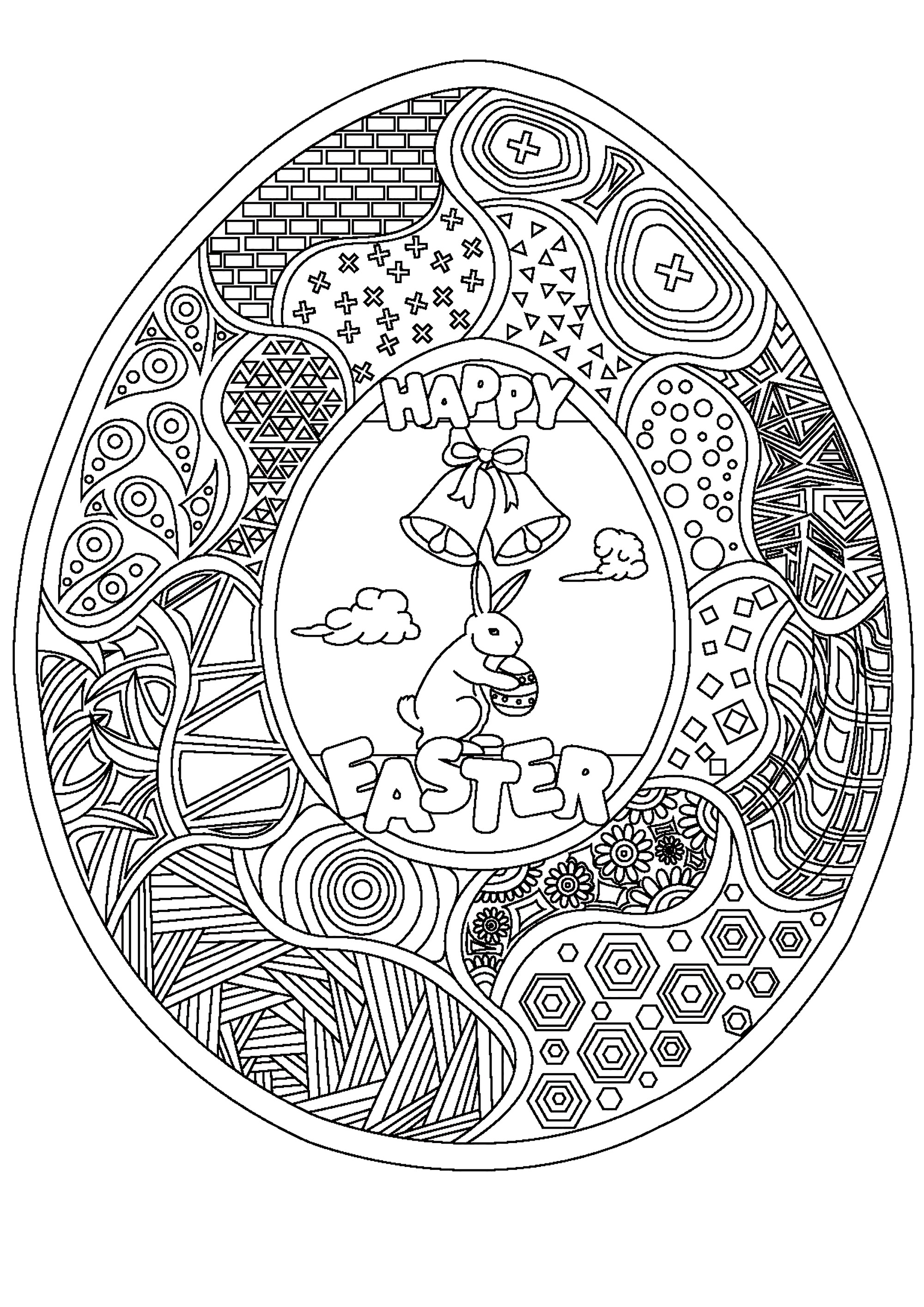 Página para colorear de huevos de Pascua con muchos dibujos, un simpático conejito y dos campanillas, Artista : Damien