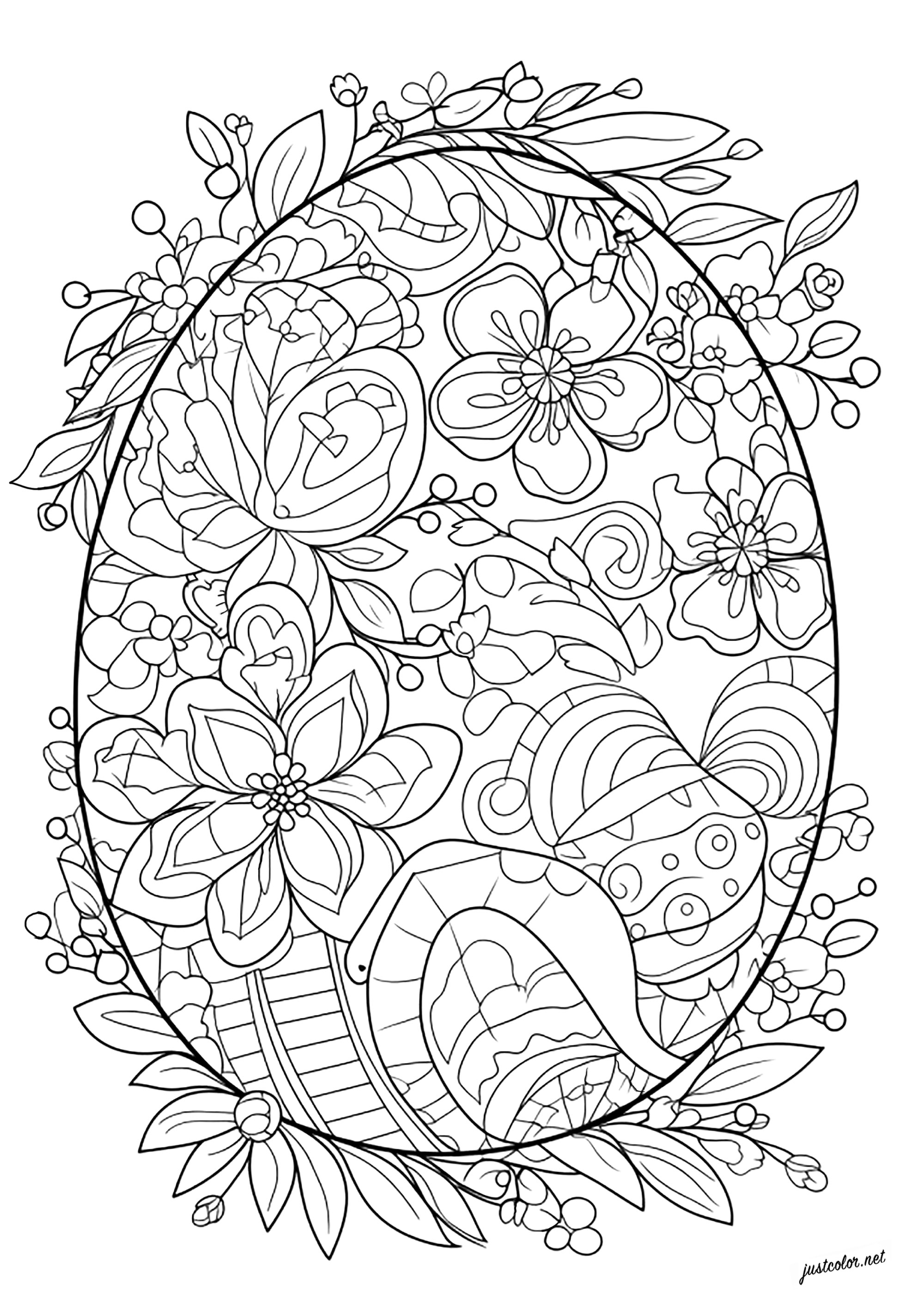 Huevo de Pascua único para colorear. Muchas flores y hojas para colorear en este precioso huevo de Pascua