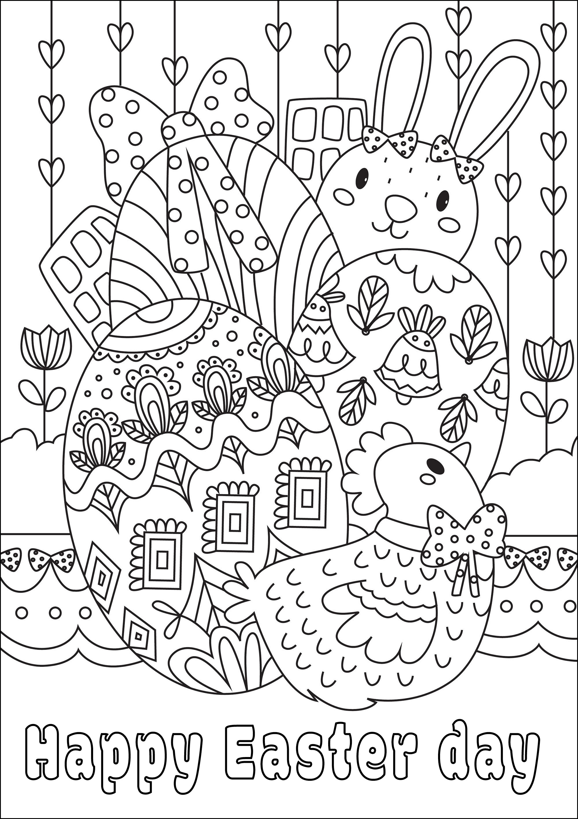 Pascua para colorear. Una bonita página para colorear con bonitos huevos, un conejo y una gallina, Artista : Gaelle Picard