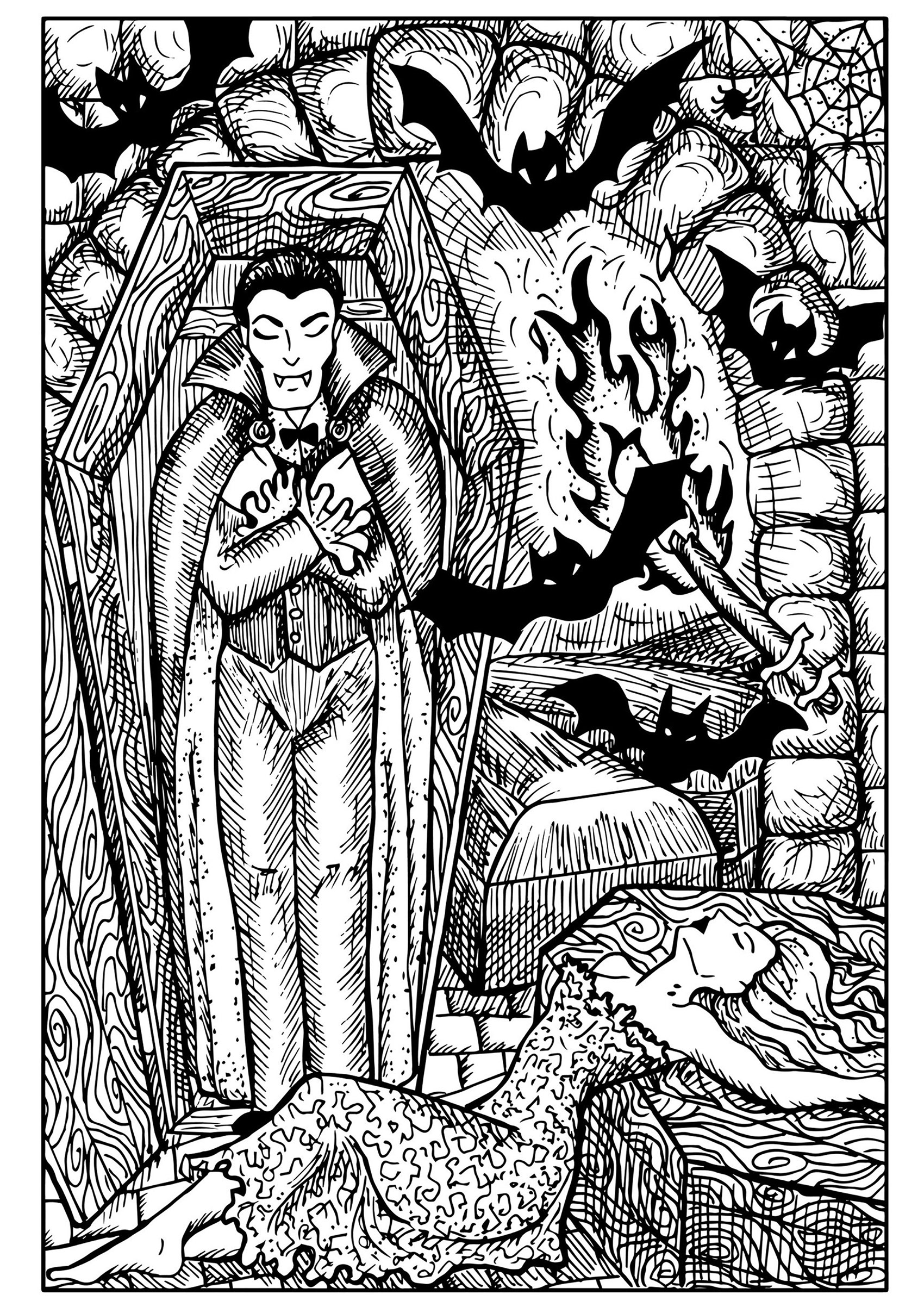 Vampiro en ataúd, murciélagos y mujer mordida. Un montón de detalles en esta espeluznante página para colorear de Halloween