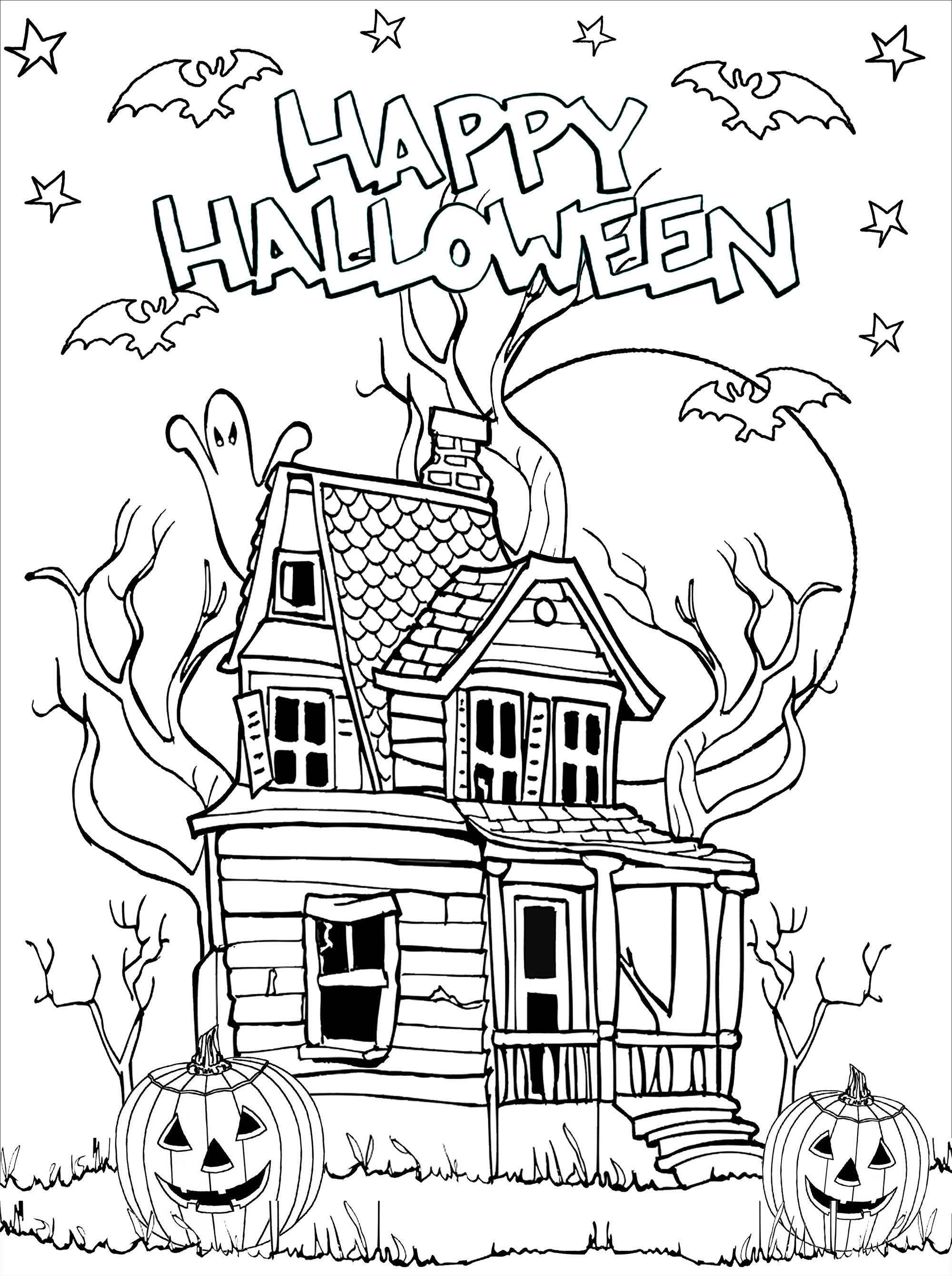 Casa encantada para colorear con calabazas (Jack-o'-lantern), murciélagos, luna y estrellas. Los espeluznantes detalles hacen que esta casa encantada sea muy realista.
