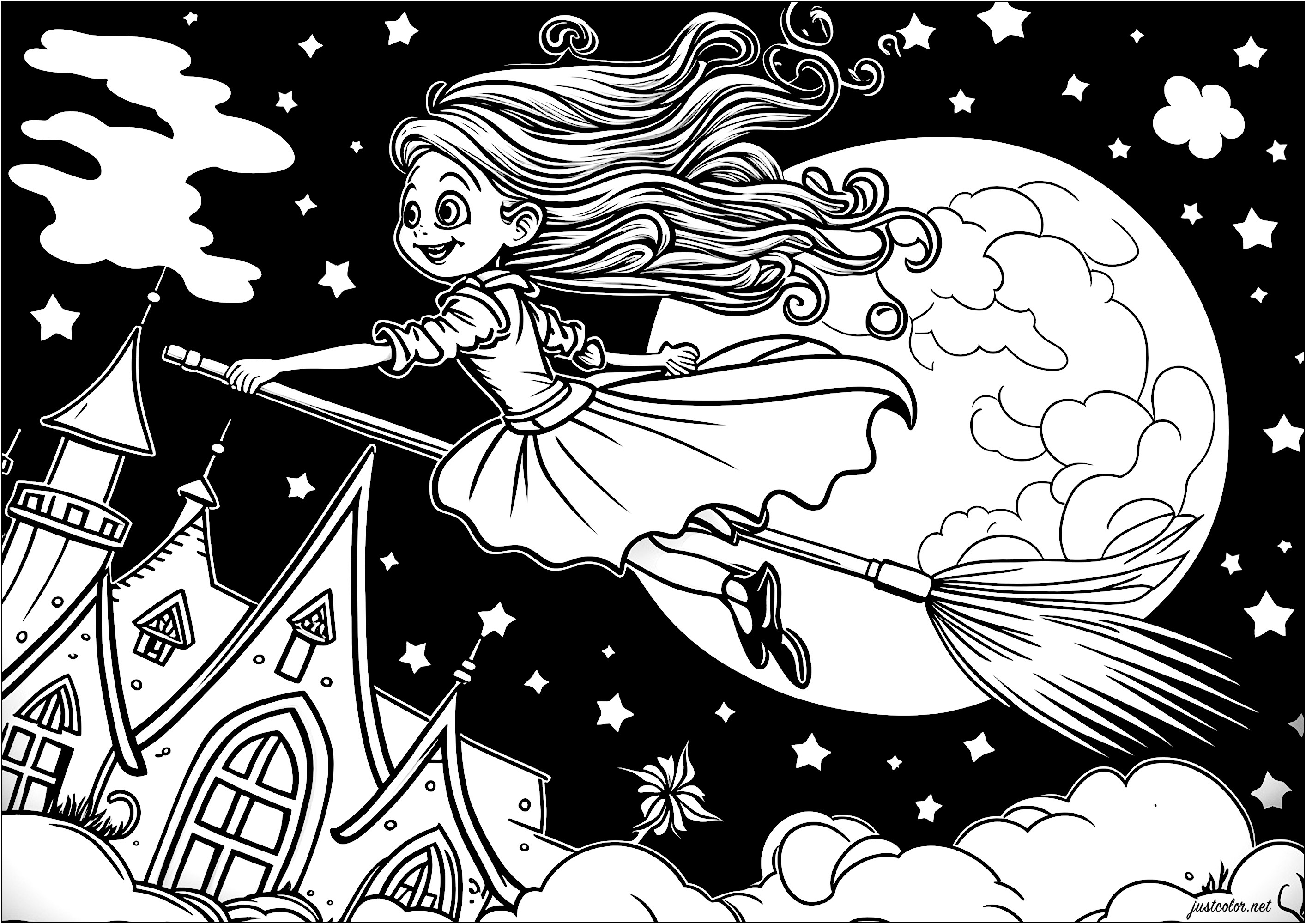 Coloreado de una joven bruja volando en su escoba. He aquí una bonita bruja representada en su escoba volando en el aire, por encima de las nubes. Lleva un vestido largo y elegante, y su pelo ondea al viento. La luna está llena y parece gigante detrás de ella.