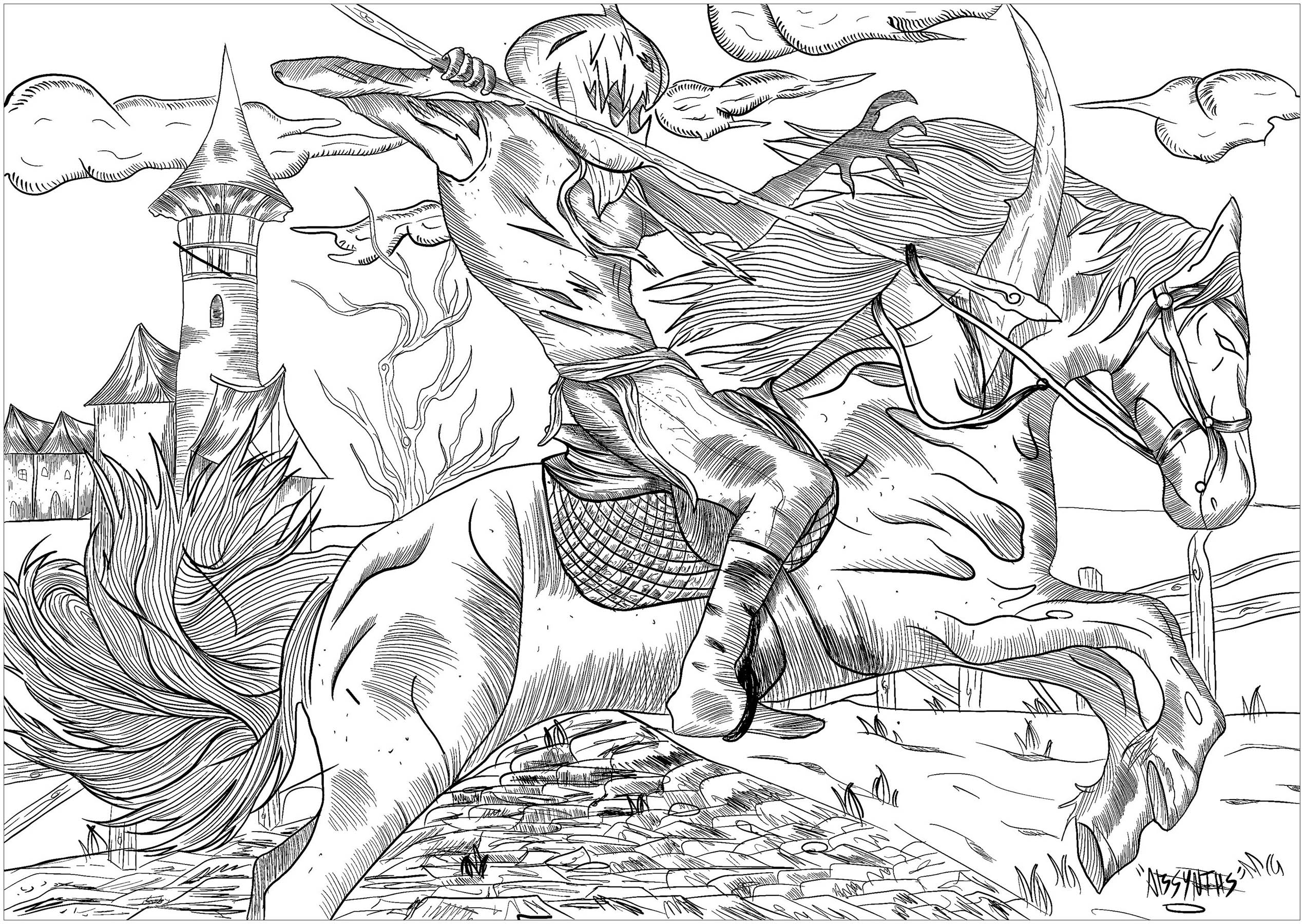 Un caballero malvado con cabeza de calabaza, montado en su caballo fantasmal... ¡Una auténtica pesadilla para colorear !, Artista : Absynths