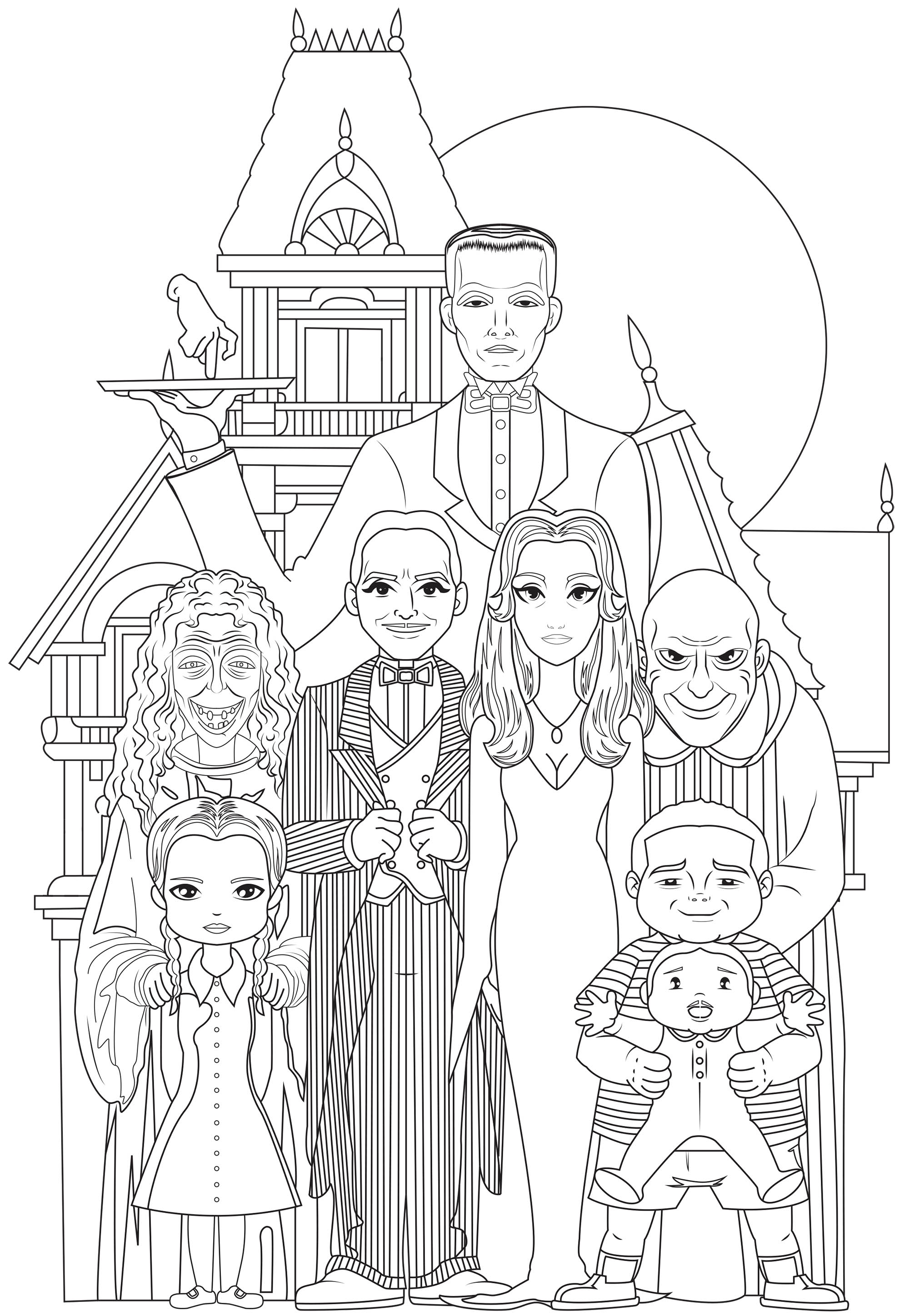 La familia Addams. Toda la familia Addams: Gómez y Morticia, sus hijos Mercredi y Pugsley, el tío Fétido y la abuela, su mayordomo Lurch, la mano Cosa y el primo Itt, Artista : Axelle