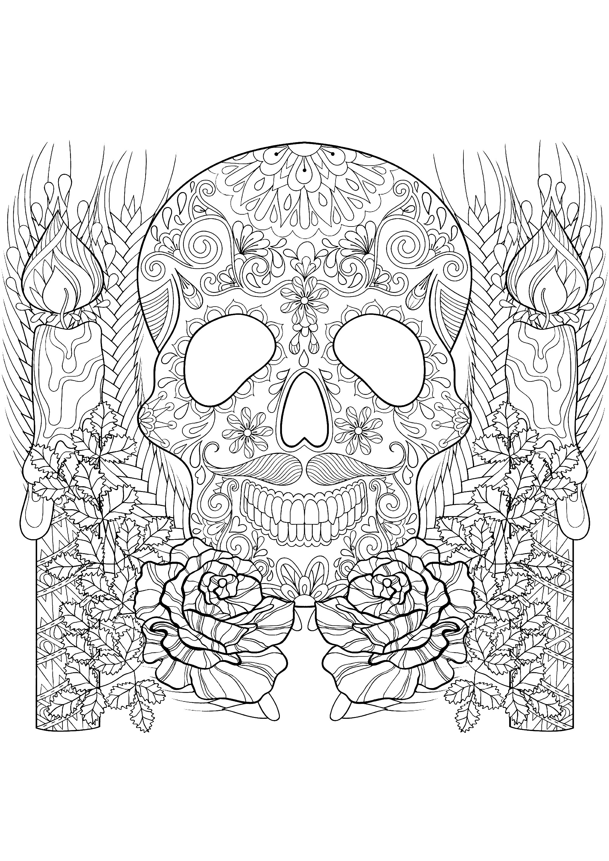 Una bonita página para colorear de Halloween que consiste en una calavera decorada rodeada de velas y flores, Origen : 123rf   Artista : Ipanki