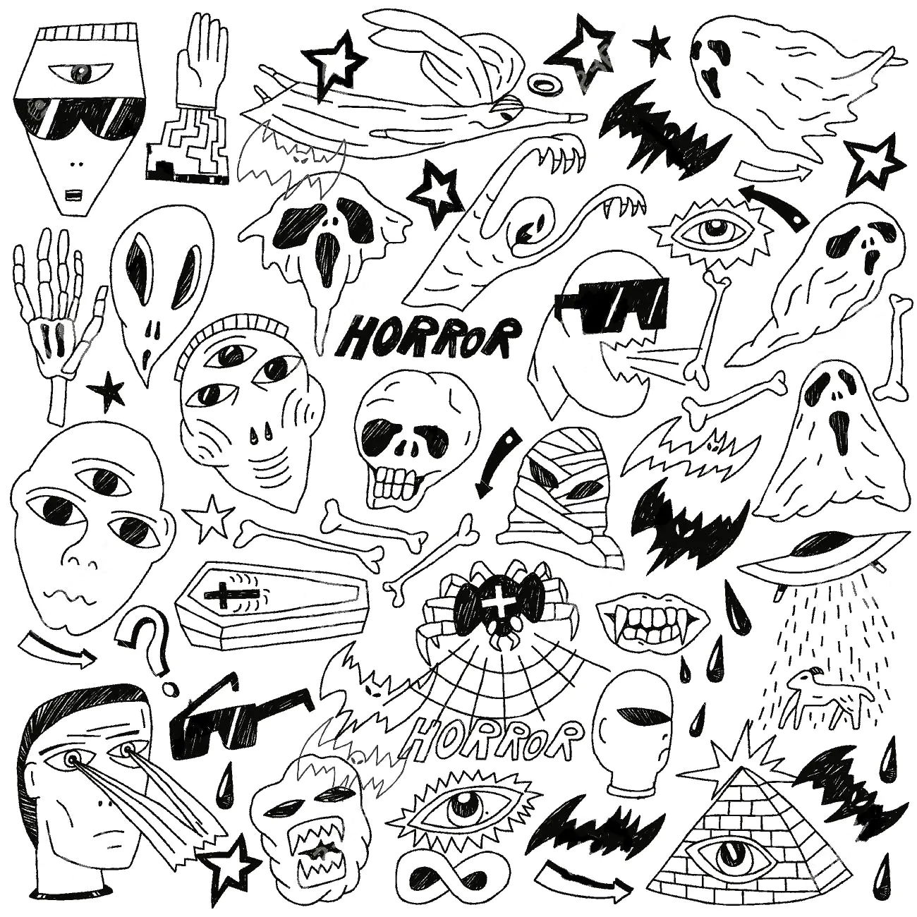 Spooky Doodle con personajes de Halloween (Página para imprimir para adultos)