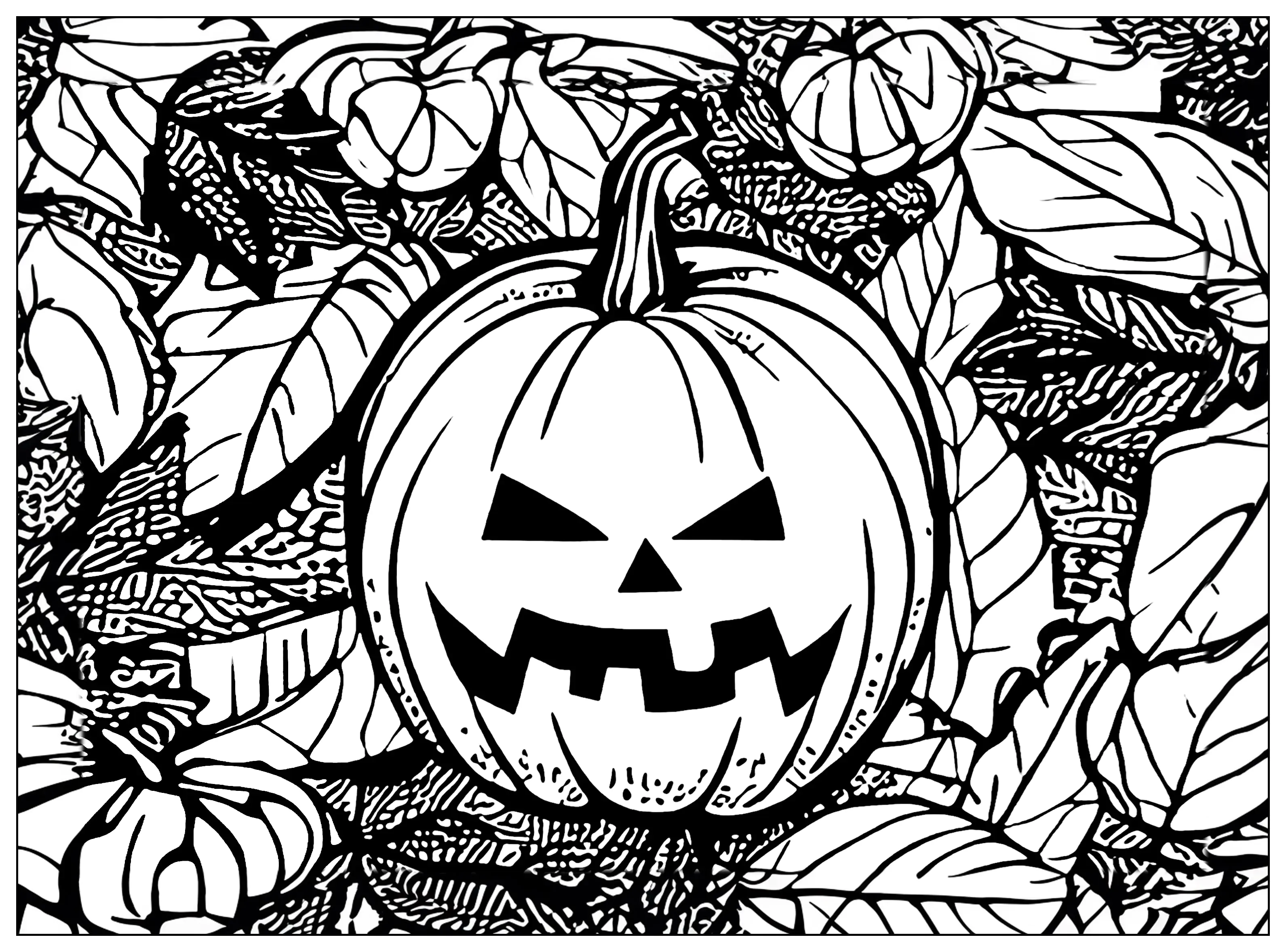 Calabaza Jack o' lantern sobre fondo de hojas (Página de Halloween para imprimir para adultos)
