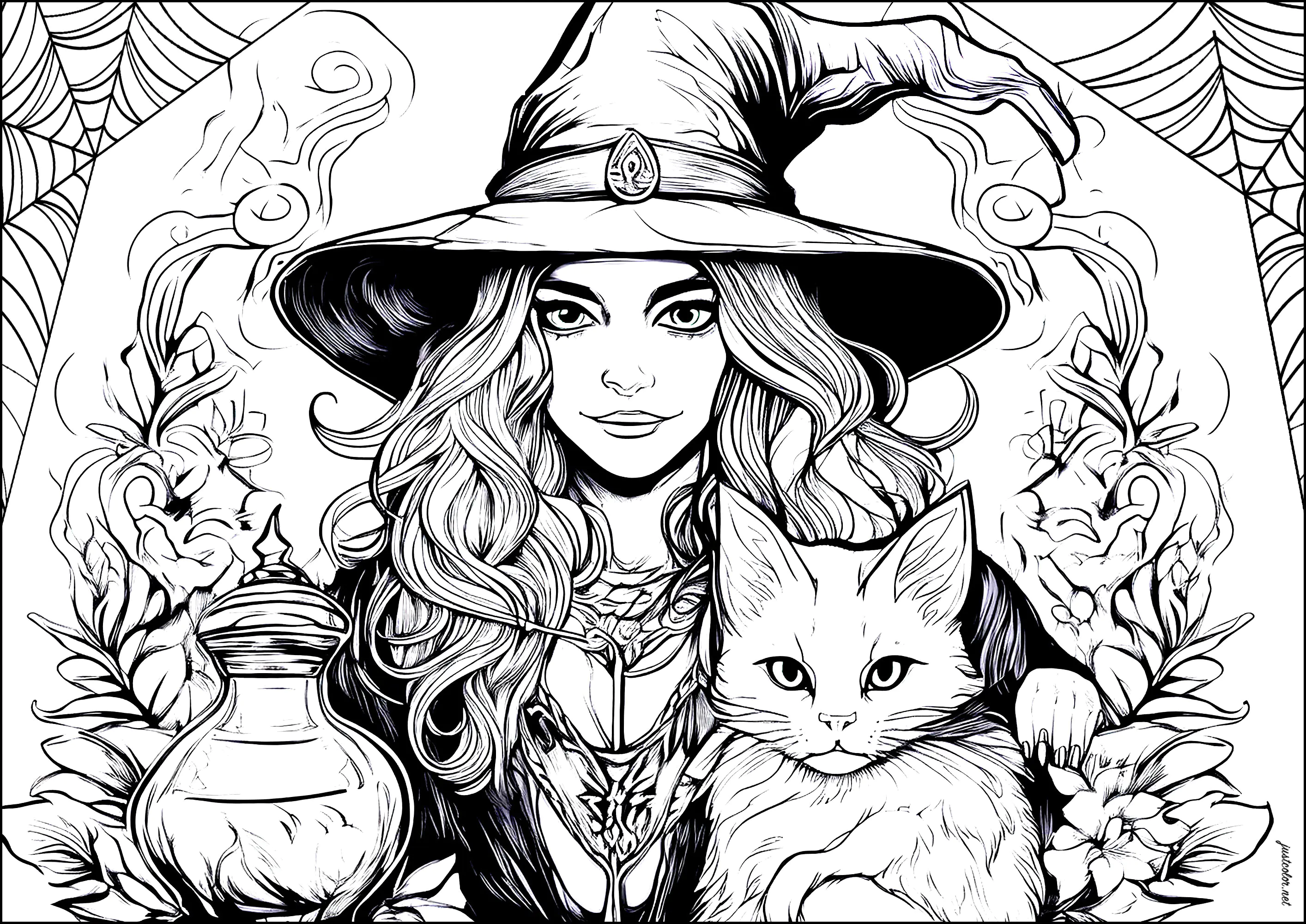 La bruja de las pociones (Página de Halloween para imprimir para adultos)