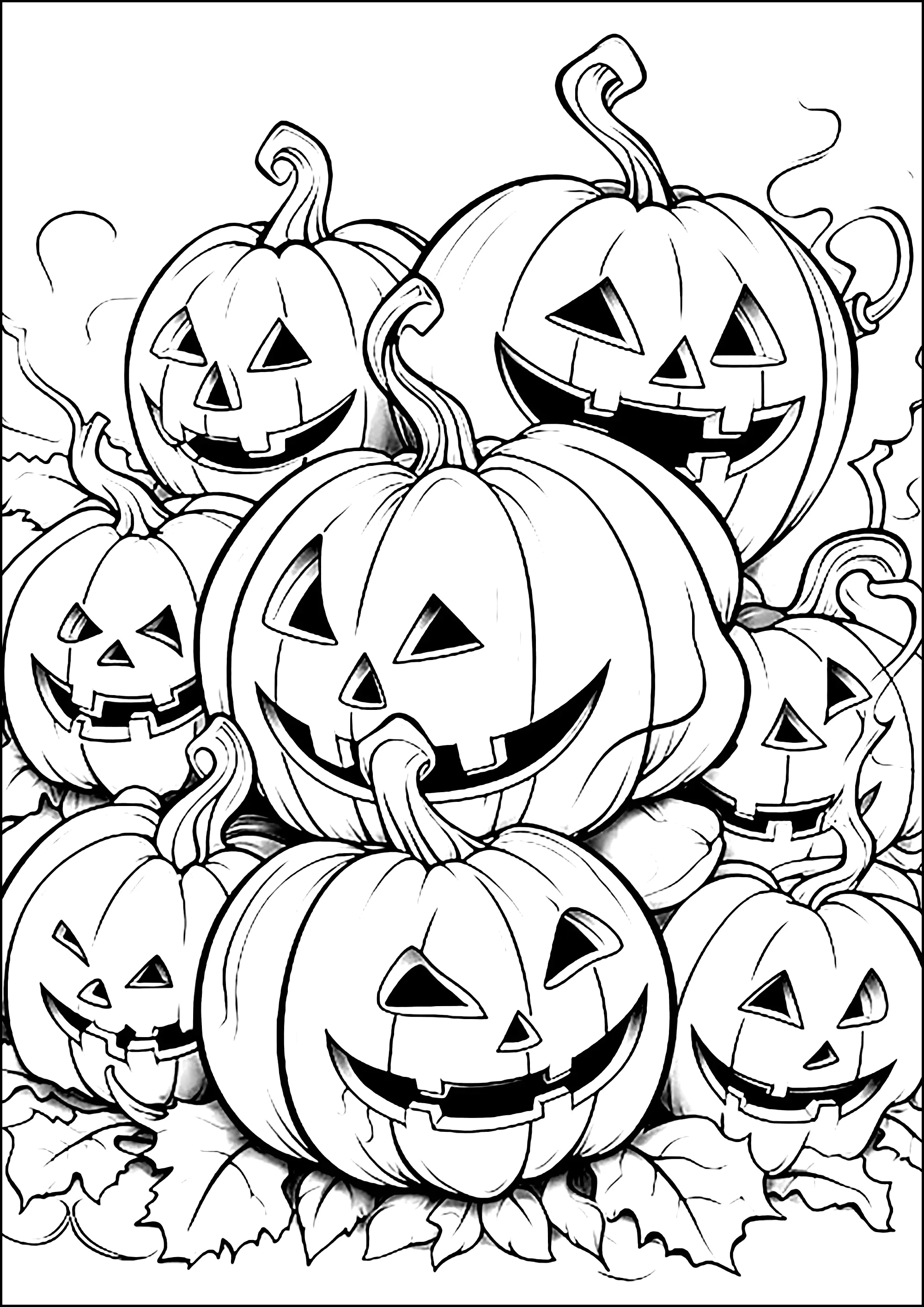Un montón de calabazas de Halloween talladas (Página para imprimir para adultos)
