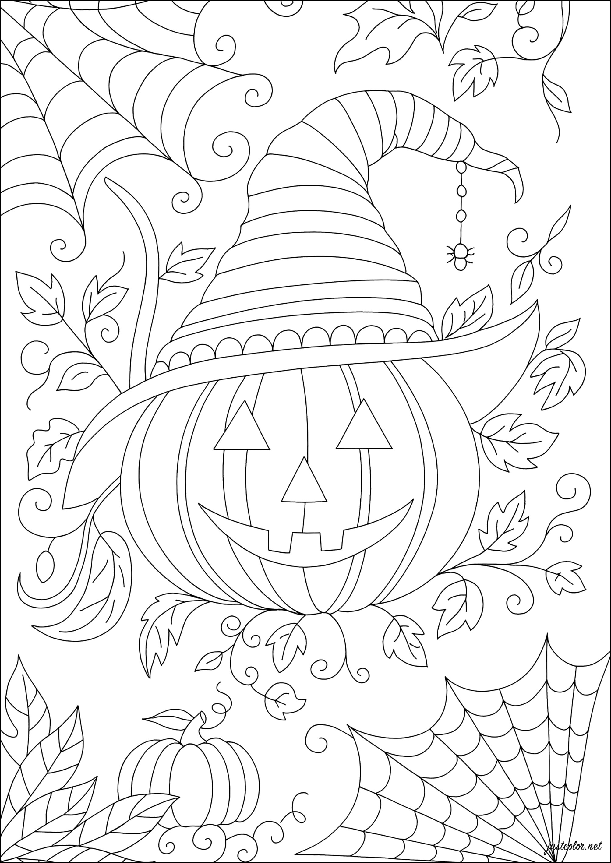 Bruja de calabaza y telarañas (Página de Halloween para imprimir para adultos)