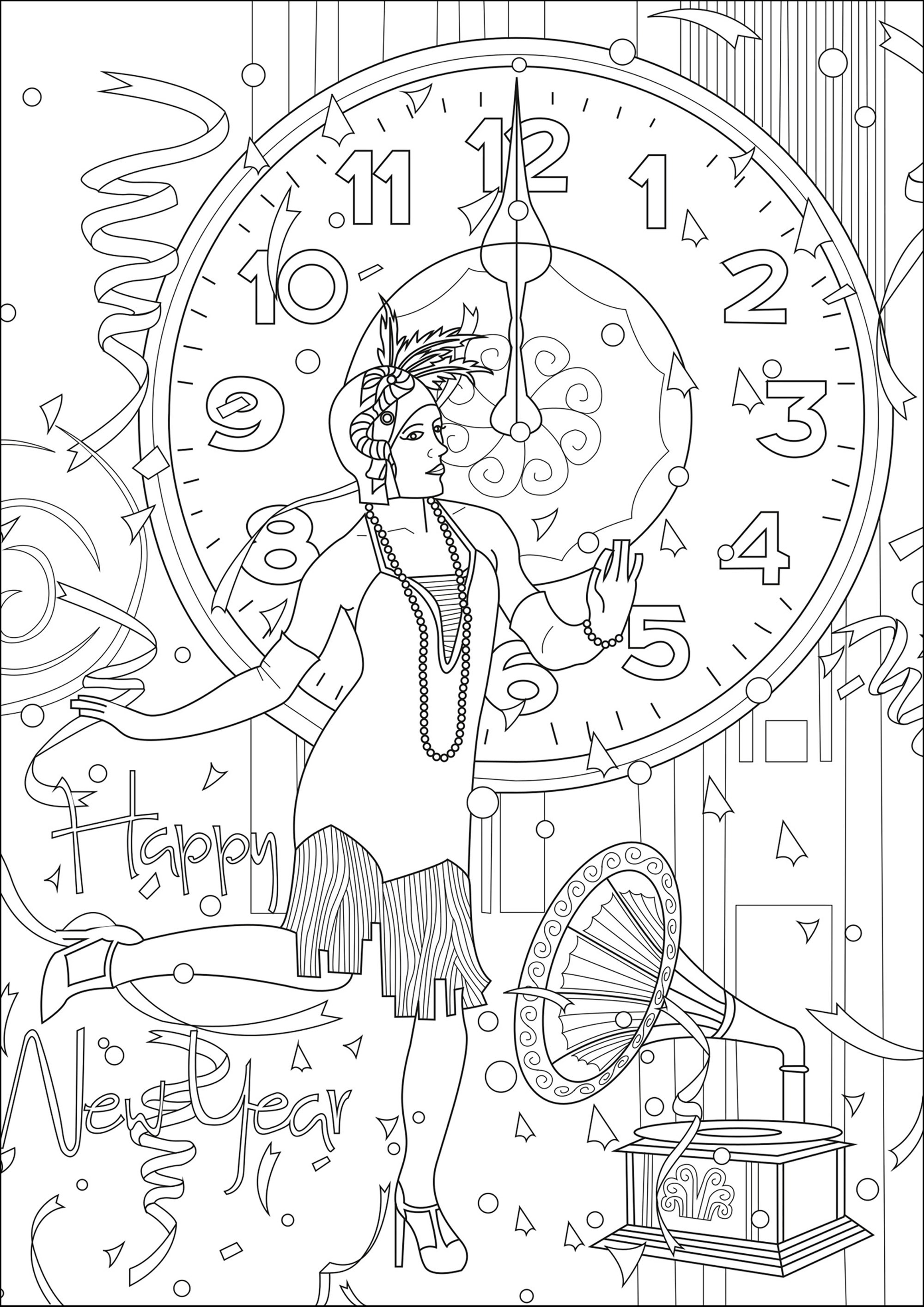 Diseño Art Nouveau / Belle Époque para celebrar el Año Nuevo (Página para imprimir para adultos)