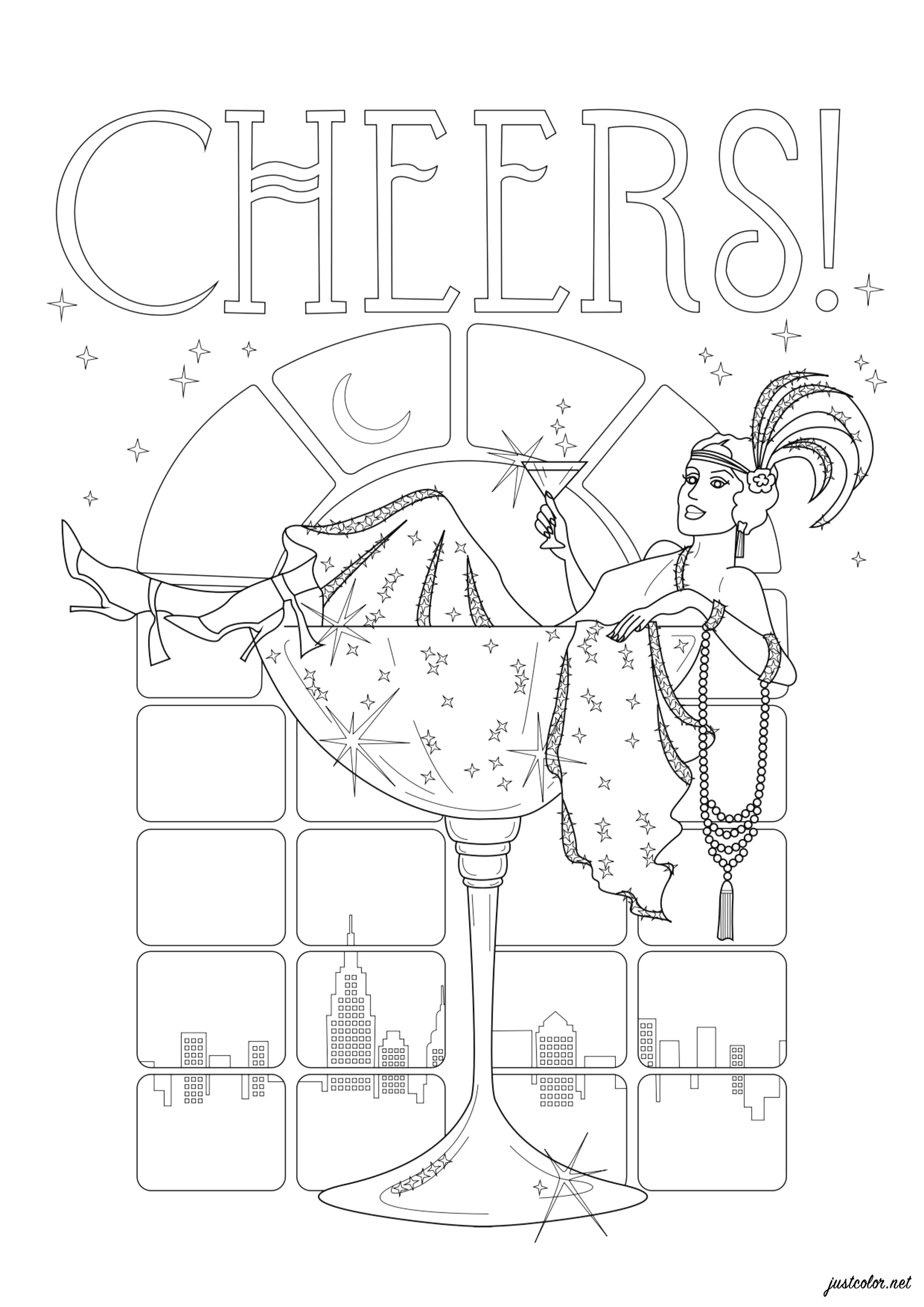 Una glamorosa velada Art Deco bajo las estrellas (Página de Año Nuevo para imprimir para adultos)