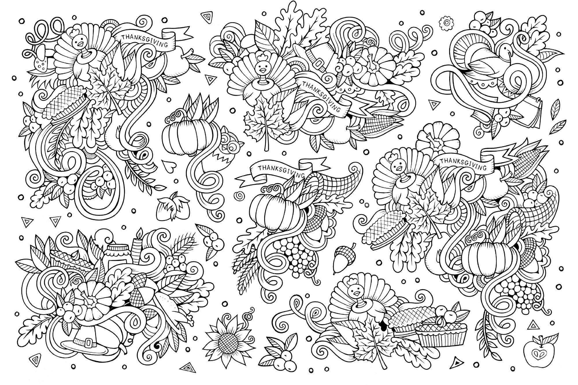 Dessin style Doodle de Thanksgiving. Muchos motivos relacionados con la fiesta de Acción de Gracias, Artista : Olga Kostenko   Origen : 123rf