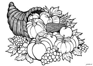 Cuerno de la Abundancia de Frutas Variadas (Página de Acción de Gracias (Thanksgiving)  para imprimir)